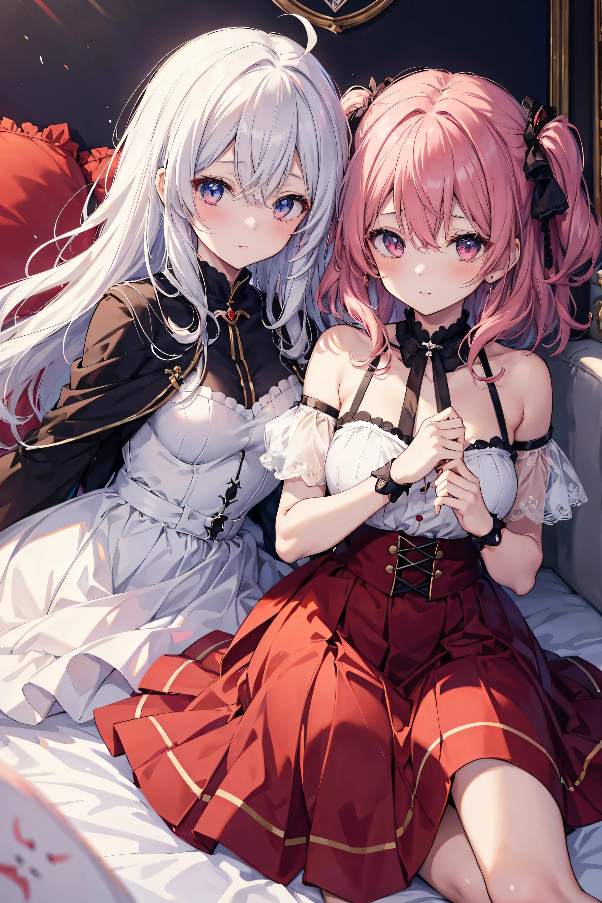 anime - image de style de deux femmes vêtues de rouge et blanc allongées sur un lit, calins, rougissent, un dessin d&#39;anime par Kamagurka, pixiv, réalisme, Deux belles filles d&#39;anime, WLOP et Sakimichan, Guweiz sur Pixiv Artstation, Anime Girls, Chez Pixiv, Guweiz, Tiré du jeu vidéo Azure Lane, yeux en coeur, Ahoge