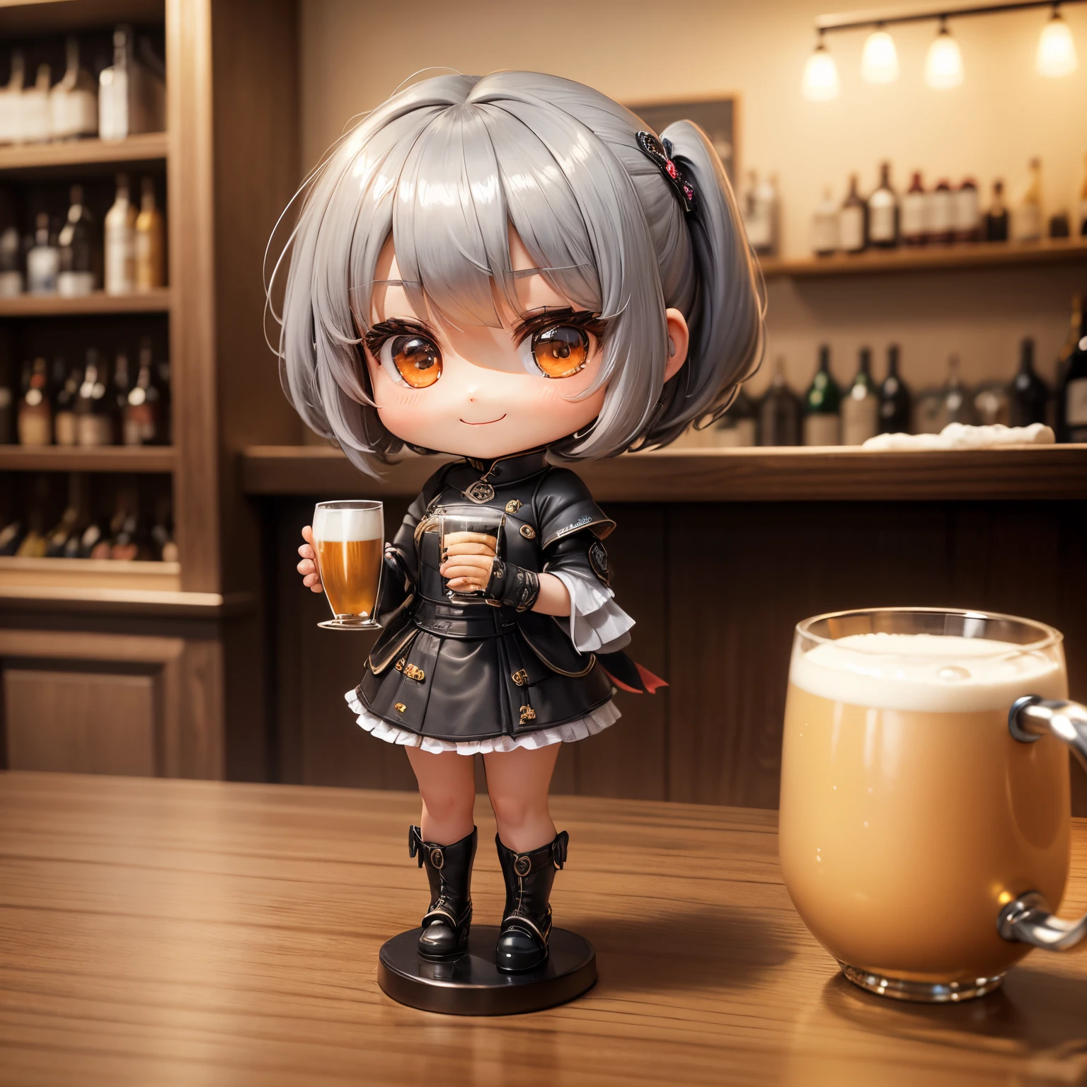 masterpiece、top-quality、ultra-detailliert、(Chibi Chara's Daughter:1.2)、Gray Hair Bob、wraith、holding a mug of foamy beer、Holding a wine glass、Cheers、A smile、Full-body standing figure、a bar counter