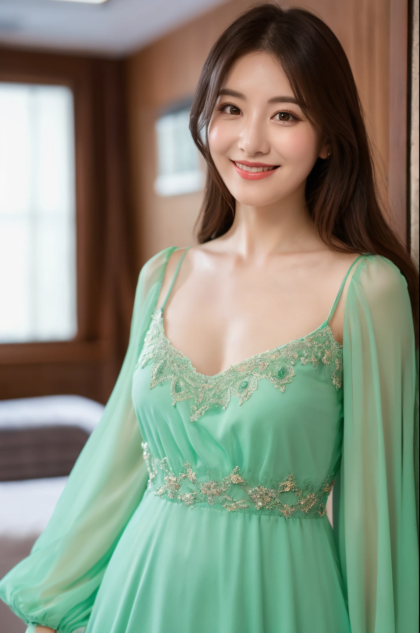 ulzzang -6500-v1.1, (Raw photo:1.2), (Photorealsitic),  (Real: 1.4), Upper class wife in green dress standing next to bed, low cut dress, sexy dress, sexy gown, Dresses in muted colors, opened dress,  Full length view, Muted colored robes, Open V chest clothes, revealing stylish dress, long-one-piece dress, wearing long gown, Full Body Green Dress, Gorgeous Japan model、Sexy Makeup、A detailed face、A detailed eye、selfee, Instagram、game_nffsw, huge filesize, hight resolution, ighly detailed, top-quality, [​masterpiece:1.6], illustratio, ighly detailed, nffsw, finely detail, top-quality, 8k wallpaper, Cinematographic lighting, 1 milf, 42 year old, perfect body type, cute droopy eyes beautiful big eyes、Pieckfinger, ((masutepiece)), Best Quality, eye shadow, Portrait, ((FULL BODYSHOT:1.4))、(Very affectionate smile:1.2)、realistic skin textures、shinny skin、