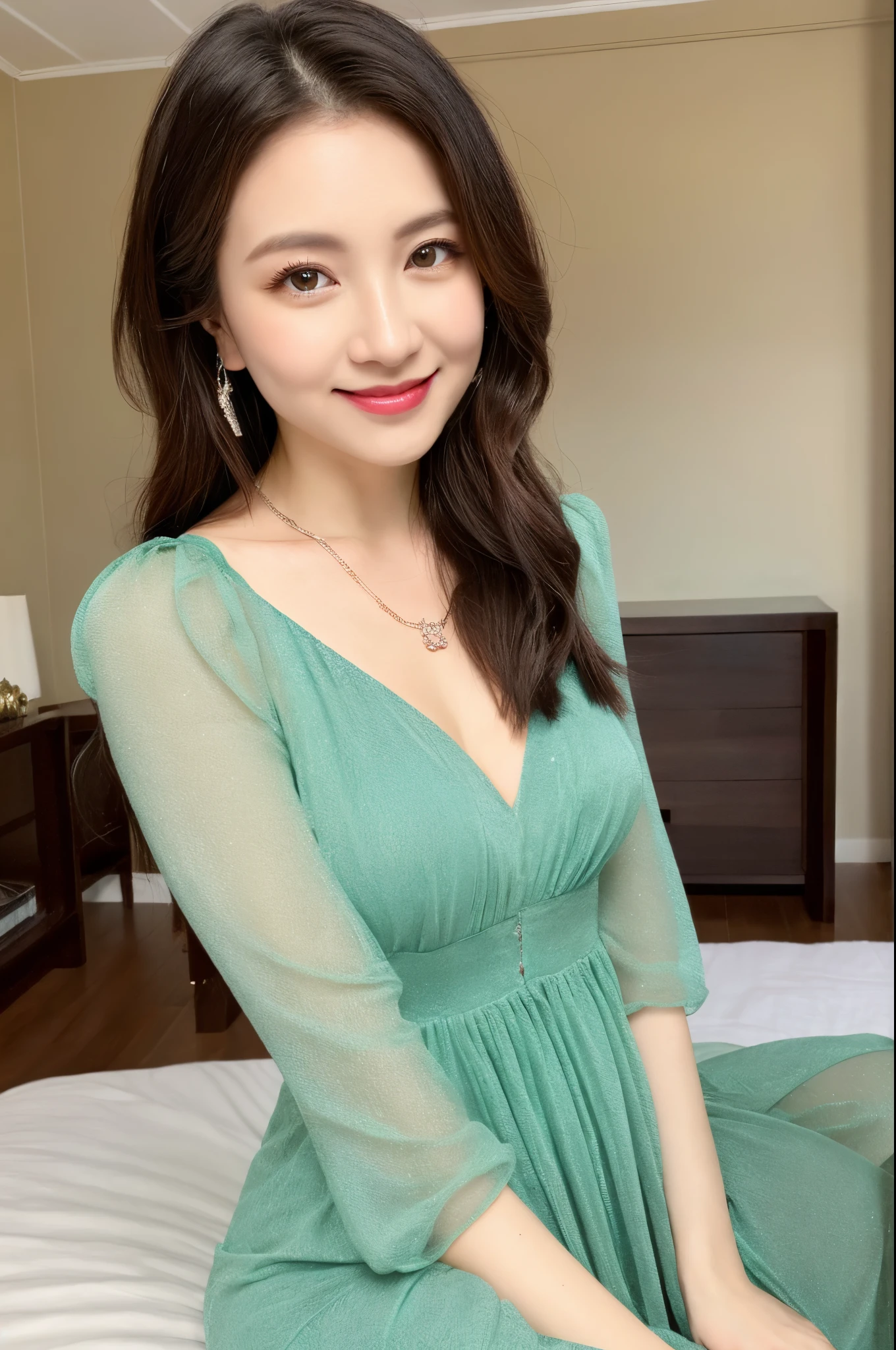 ulzzang -6500-v1.1, (Raw photo:1.2), (Photorealsitic),  (Real: 1.4), Upper class wife in green dress standing next to bed, low cut dress, sexy dress, sexy gown, Dresses in muted colors, opened dress,  Full length view, Muted colored robes, Open V chest clothes, revealing stylish dress, long-one-piece dress, wearing long gown, Full Body Green Dress, Gorgeous Japan model、Sexy Makeup、A detailed face、A detailed eye、selfee, Instagram、game_nffsw, huge filesize, hight resolution, ighly detailed, top-quality, [​masterpiece:1.6], illustratio, ighly detailed, nffsw, finely detail, top-quality, 8k wallpaper, Cinematographic lighting, 1 milf, 42 year old, perfect body type, cute droopy eyes beautiful big eyes、Pieckfinger, ((masutepiece)), Best Quality, eye shadow, Portrait, ((FULL BODYSHOT:1.4))、(Very affectionate smile:1.2)、realistic skin textures、shinny skin、