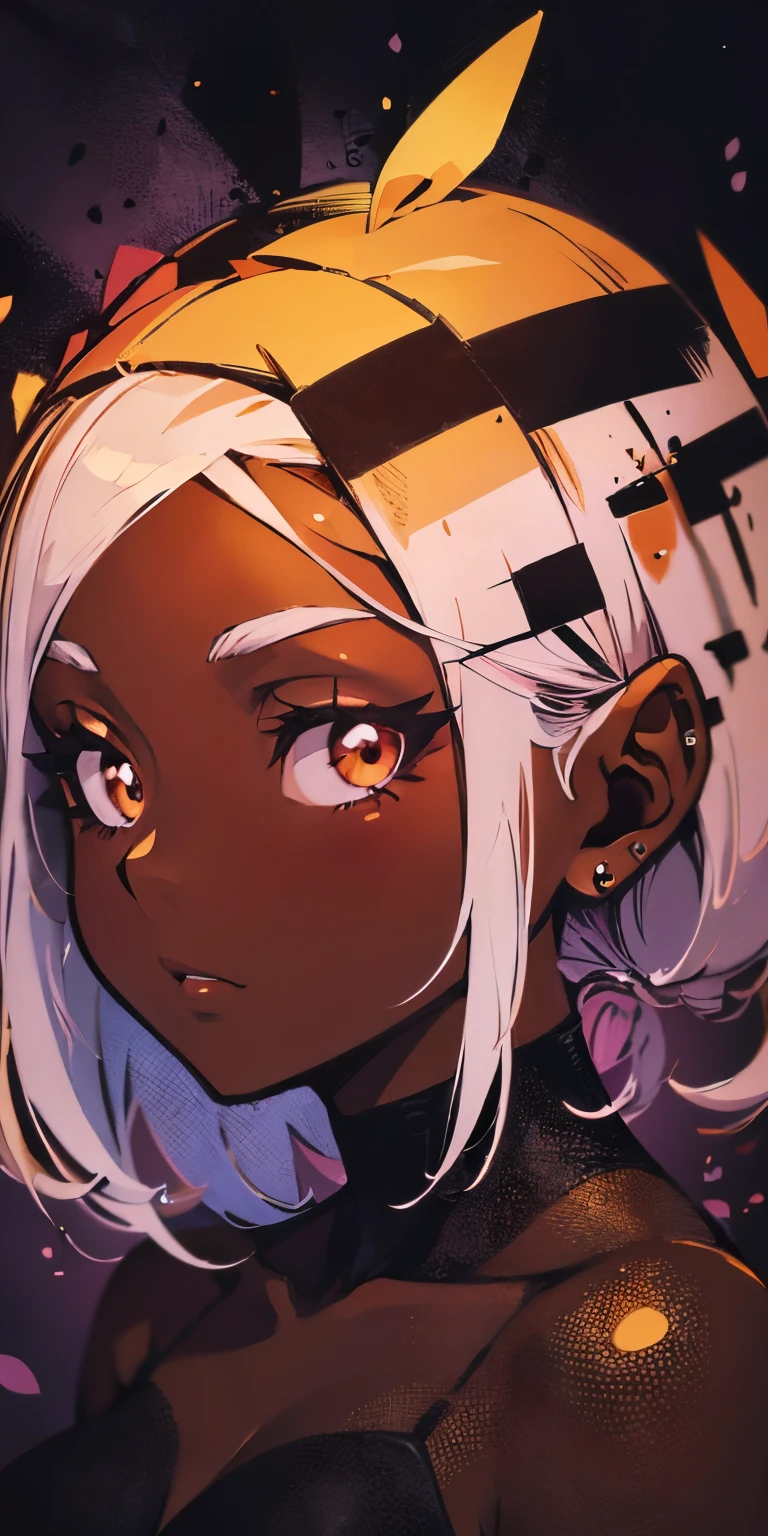 ((masterpiece)), ((best quality)), ((anime profile style)), ((HD 4k)), ((anime character)), 1girl, dark skin tone, eyes, Eyelid, Pupil , Sclera, Iris, eyebrow, eyelashes, ear, nose, giant hair, neck, shoulders, medium breasts,  casual