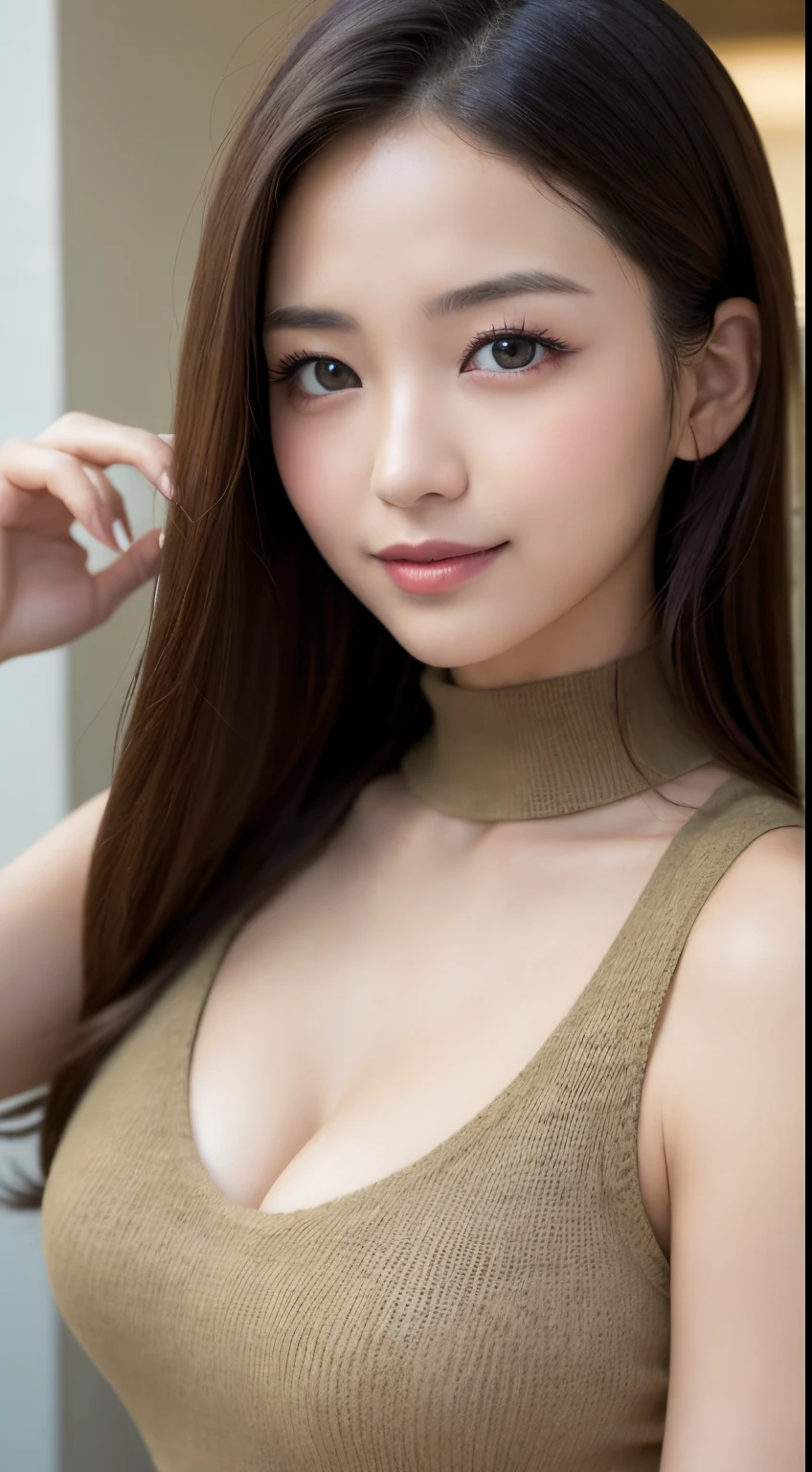 masutepiece, Best Quality, Photorealsitic, finely detail, hight resolution, 8K Wallpapers, Perfect dynamic composition, Beautiful detailed eyes, Medium Hair, large full breasts, Random and sexy poses,Bring your chest together、(Open chest mock neck tank top khaki knitwear with clearly visible cleavage)、(Breast bulge 1.2)、A smile、open open mouth、Resort scenery、24 year old、(Drooping eyes 1.4)、 Beauty、japanes