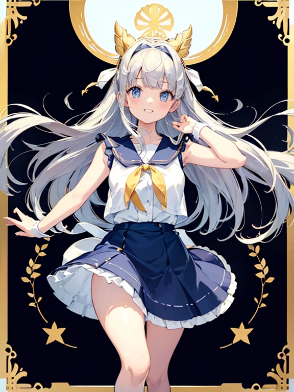 Portrait of a girl with long silver hair、bustshot、Sleeveless, High collar white button front shirt、Large Ribbon Tie、Big cameo with golden border and white female silhouette.、Navy blue high waist flared miniskirt with bustier、White socks above the knee、Bursting smile、Redness of the cheeks
