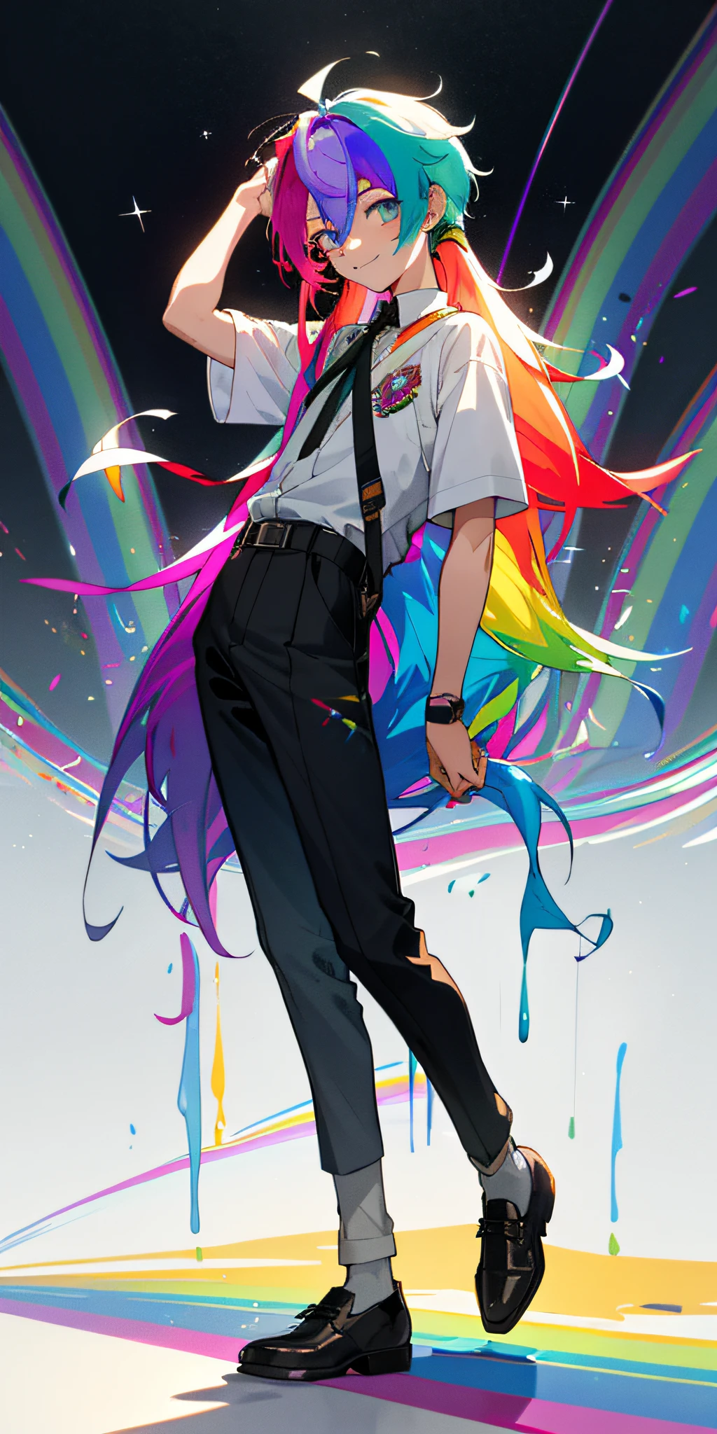 （（a sticker： 1.5）））， ， （（tmasterpiece）），（（（（best qualtiy））），1boy，Youth 19 years old，((rainbow haired boy))，rainbow hair teenager，Wearing a white shirt，(rainbow hair)，Inquire into the mind，long iridescent hair，The shirt，I'm tying my hair，small leather shoes，delighted expression