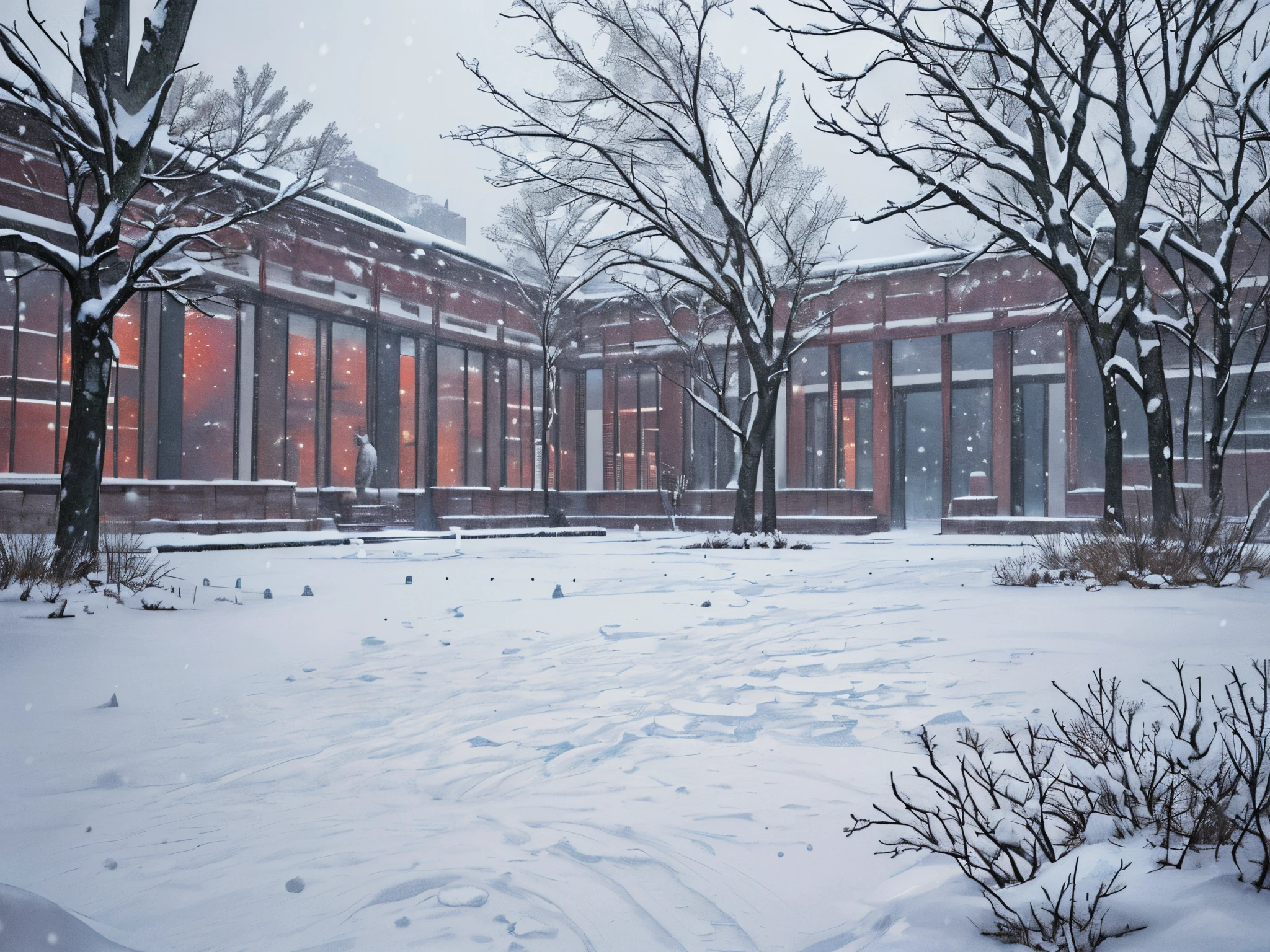 Snow scene in the park，There  a fountain in the middle, hori&#39;tas&#39;It&#39;s snowing in the city，oda&#39;It&#39;s snowing heavily, snowing outside, It was snowing outside, post soviet courtyard, during snowfall, snowy days, nevando, snowfall, Snowy environment, Oyuki, Snowy winter, Blizzarding ::5, Cold snow outside, in the middle of a snow storm, Oyuki, Blizzarding