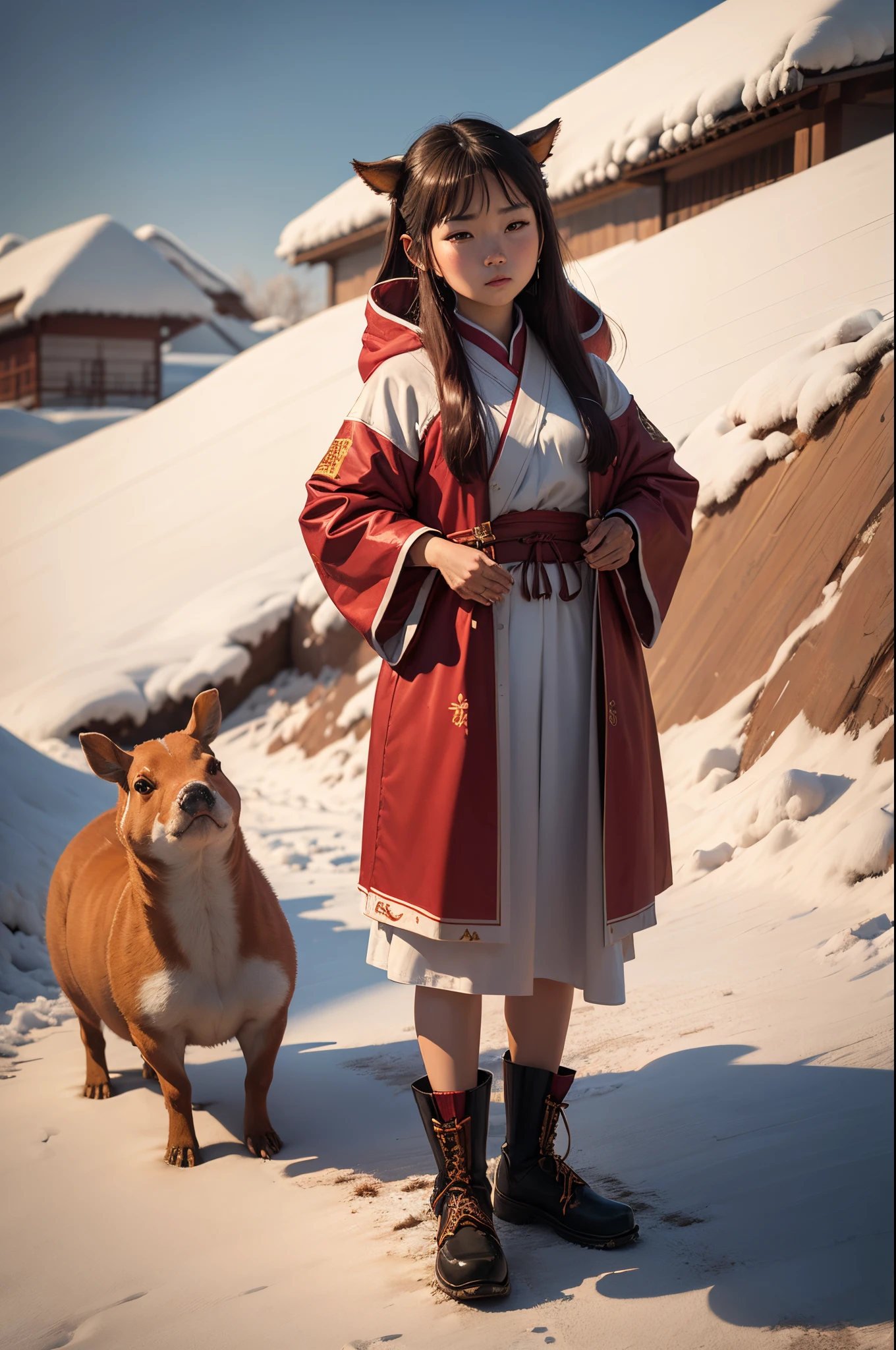 "(best quality,8k,Altas,master part:1.2),minimal art,Pintura tradicional chinesa,Pincelada chinesa,pintura sobre tela,Oyuki,capivara andando na neve"