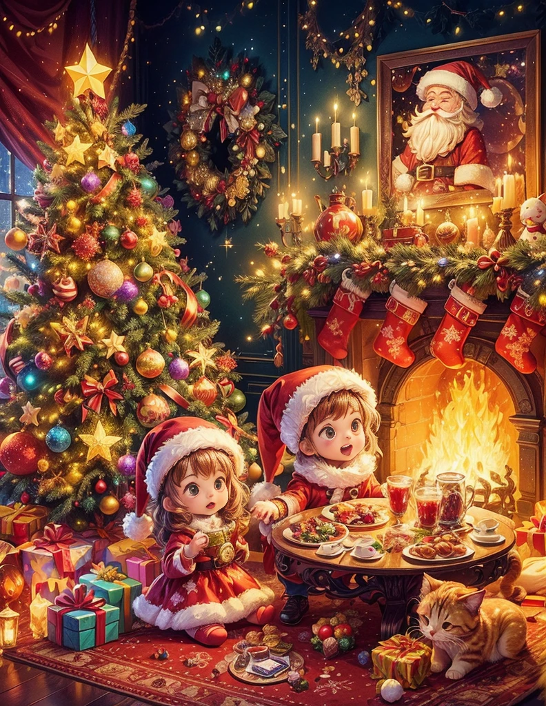 (((Vector illustration style)))，vibrant with colors, Magical atmosphere, Whimsical, Sparkling, Fantasy Christmas World,vivd colour, Magical atmosphere, Whimsical, Sparkling，Fantasy Christmas World，In the room，A little boy and a little girl wearing Santa Claus costumes enjoying Christmas dinner。The room  decorated with a tall Christmas tree，The tree  filled with shining lights and colorful decorations。Next to it  a pile of gift boxequisite packaging reveals expectations and surpriseireplace burning with warm flames，Various Christmas decorations are placed around。Christmas delicacies on the table，like gingerbread cookies，Cane sugar，Candy, etc。Kitten at feet lies on Christmas rug，Wear a red scarf，Seems to be enjoying this moment too。The whole room  filled with a strong Christmas atmosphere，Full of fun and atmosphere，It's intoxicating。 (Perspectives, first person perspective, Boom style color, glowing light, 电影灯光, hyper HD, tmasterpiece, Acura, Anatomically correct, ctextured skin, super detailing, high detal, high high quality, Award-Awarded, Best quality at best, 4K)