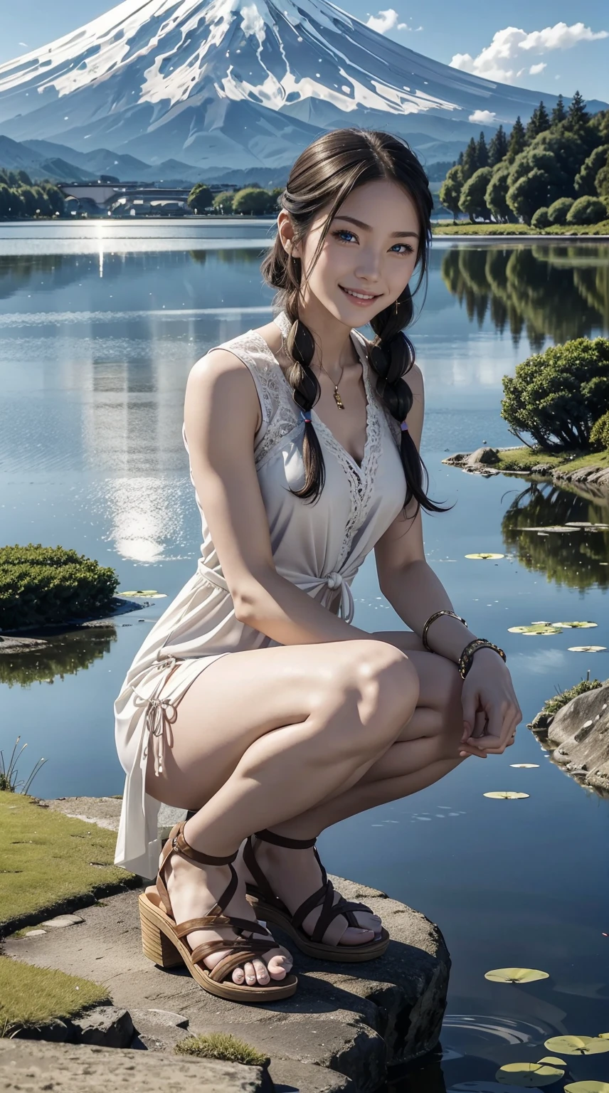 25-year-old Caucasian woman、bionde、blue eyess、Longhaire、I use a hair band to tie my hair together、a smile、accessories on the wrist、a smile、Slender but well-proportioned muscular body、I don't want my head to disappear from the screen.、Wearing a short dress、wearing lace-up sandals、Crouching by the pond, looking at the water surface、Mt. Fuji can be seen on the other side of the pond.