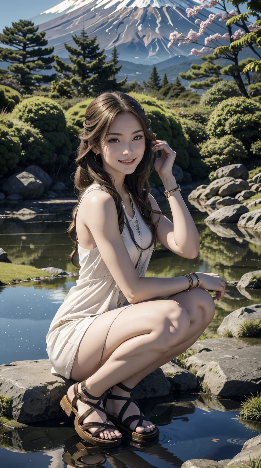 25-year-old Caucasian woman、bionde、blue eyess、Longhaire、I use a hair band to tie my hair together、a smile、accessories on the wrist、a smile、Slender but well-proportioned muscular body、I don&#39;t want my head to disappear from the screen.、Wearing a short dress、wearing lace-up sandals、Crouching by the pond, looking at the water surface、Mt. Fuji can be seen on the other side of the pond.