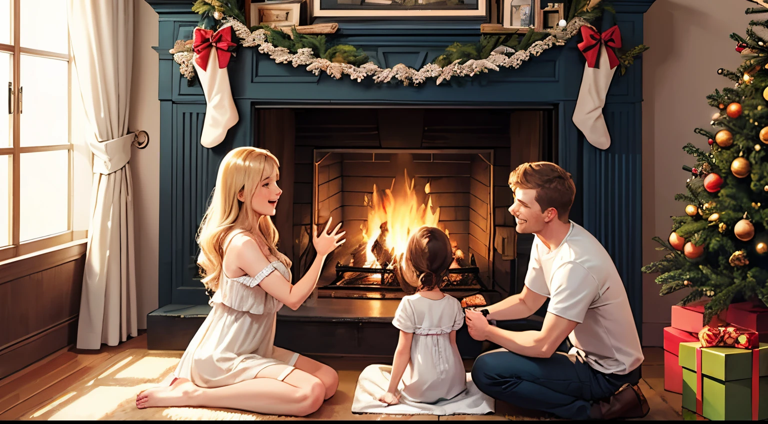 Create a happy family in your home this Christmas season. The house has a fireplace that has a fire, a Christmas tree, a large window that allows you to see the snow and the pine trees. In this family we have the father, the mother with blonde hair, a daughter and just one golden retriever dog. The father gives his daughter a gift, the daughter receives the gift and is very happy.