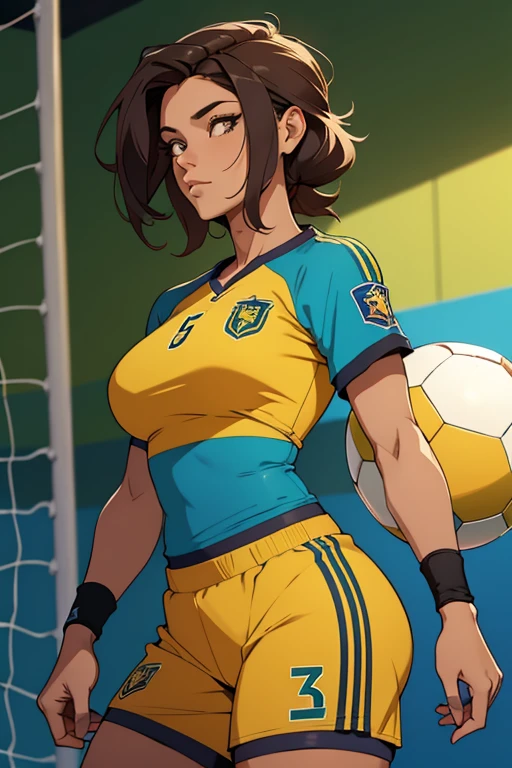 Mulher, jogadora de futebol, corpo sensual, seios grandes, brazil national team jersey, cabelo longo amarrado, meias longas, sem roupa, sem calcinha, shy look, cabelo preto, olhos castanhos claros, 20 anos, alta qualidade, corpo inteiro, campo de futebol ao fundo, seios a mostra, camisa levantada, pele morena