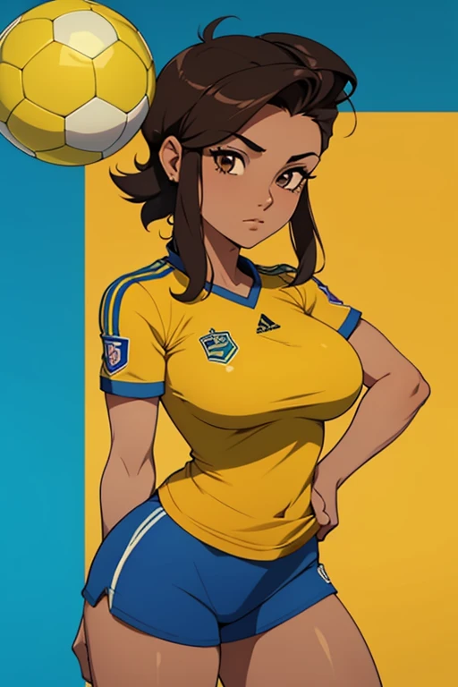 jogadora de futebol, linda mulher morena com cabelos curtos tomboy, camisa amarela e chuteira,cabelos pretos chutando uma bola no gol