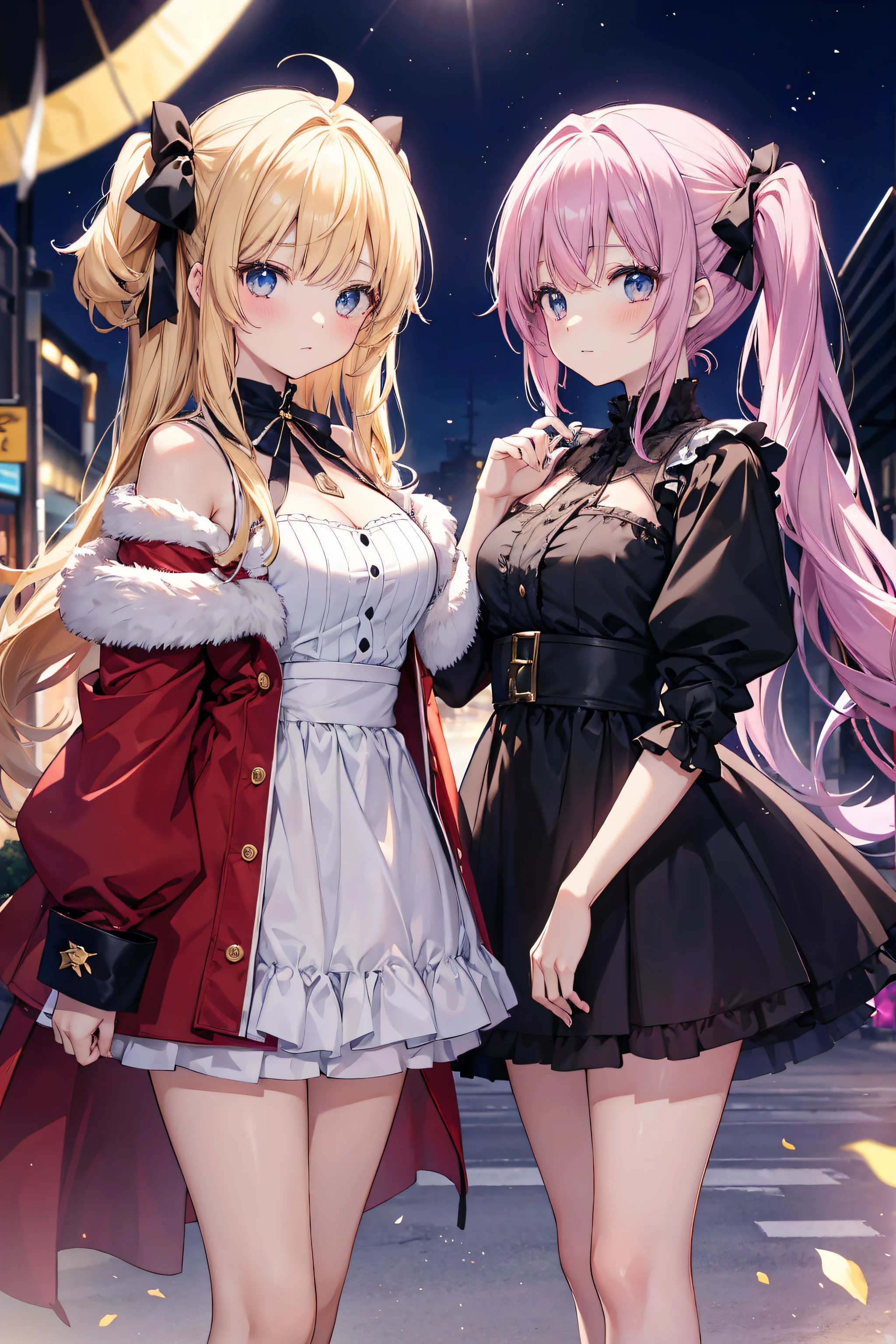 anime - image de style de 2 femmes vêtues d&#39;A tenue of Noël sensual - names visible, grosse poitrine, rougissent, se respecter les mains, pixiv, Realstic, dans la chambre d&#39;une fille, Student, Anime Girls, yeux flamboyants, ahoge ou twintails, Masterpiece, 16k, Nuit dehors, s'embrassent