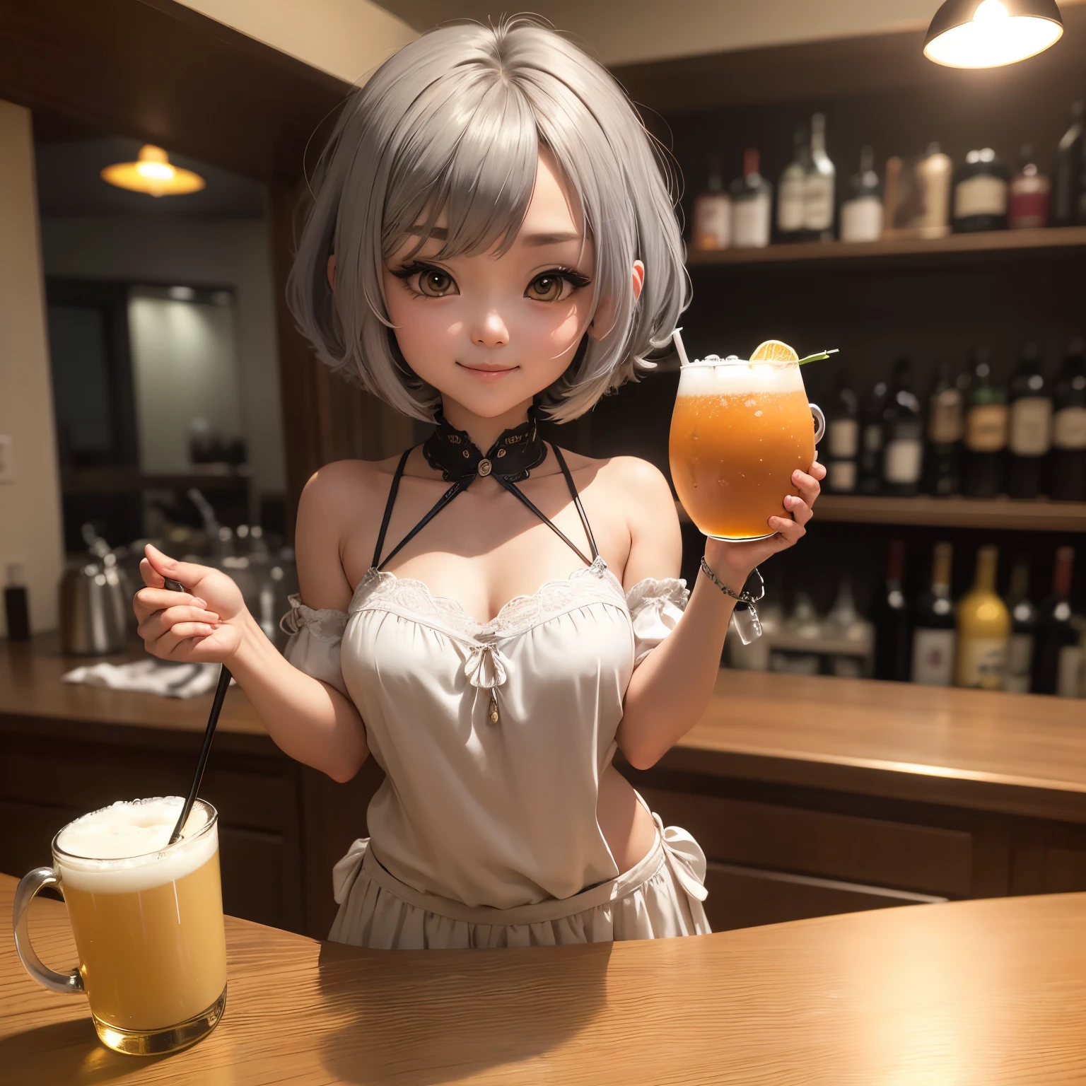 ​masterpiece、top-quality、ultra-detailliert、(Chibi Chara's Daughter:1.2)、Gray Hair Bob、wraith、holding a mug of frothy beer、Holding a wine glass、Enjoy a tropical cocktail、A smile、Full-body standing figure、a bar counter