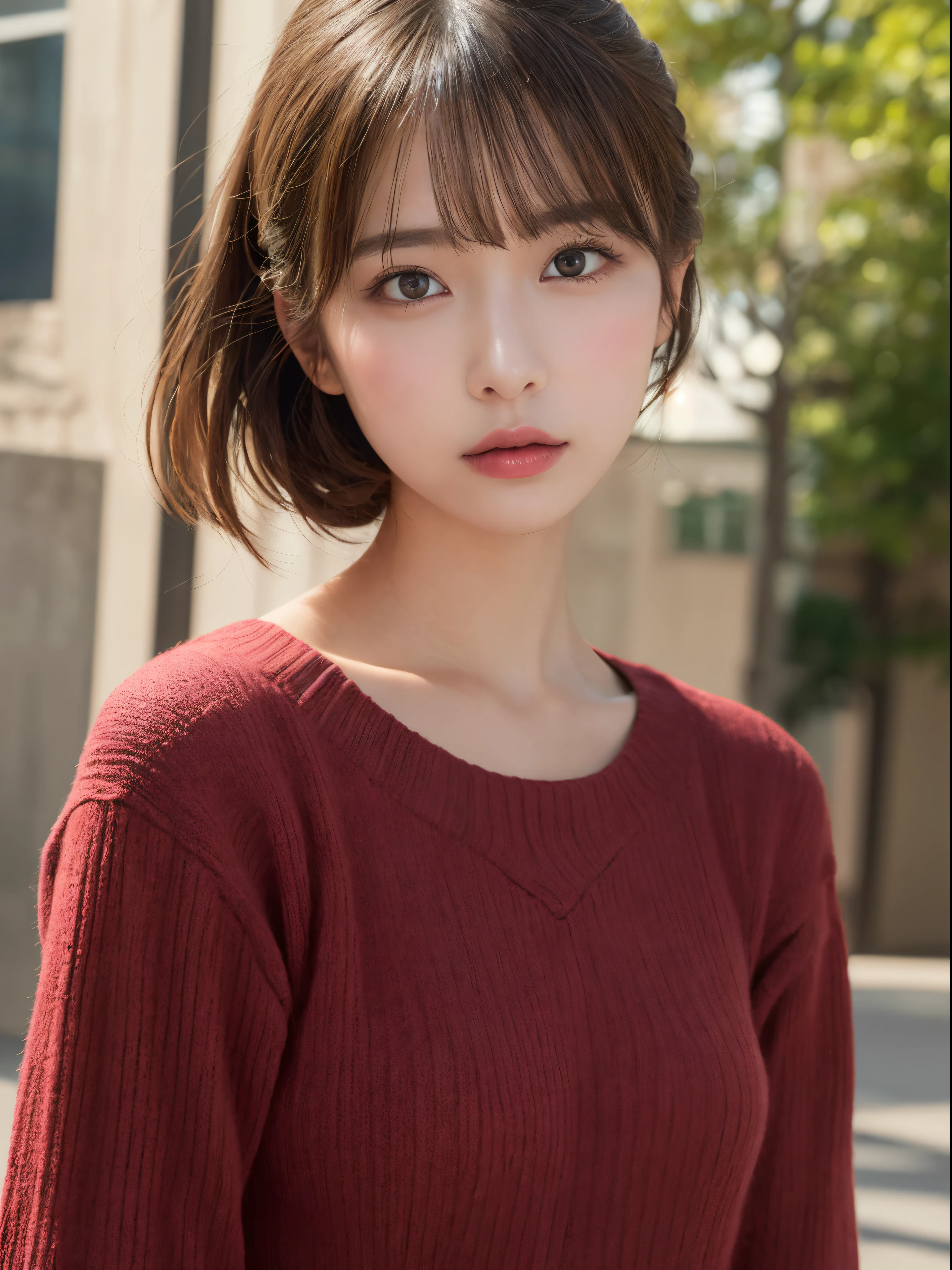((NSFW))、(​masterpiece:1.5)、(8K)、(Photorealsitic:1.5)、Raw photography、(Top image quality:1.4)、(foco nítido:1.5)、 top-quality、​masterpiece、超A high resolution、Perfect dynamic composition、 20 years old、slender、prety woman:1.4、serious facial expression、 Wearing red knitwear、 light brown hair、bob cuts、Glowing hair、 Super Detail Face、A detailed eye、二重まぶた、 Natural Color Lip、Transparent skin、