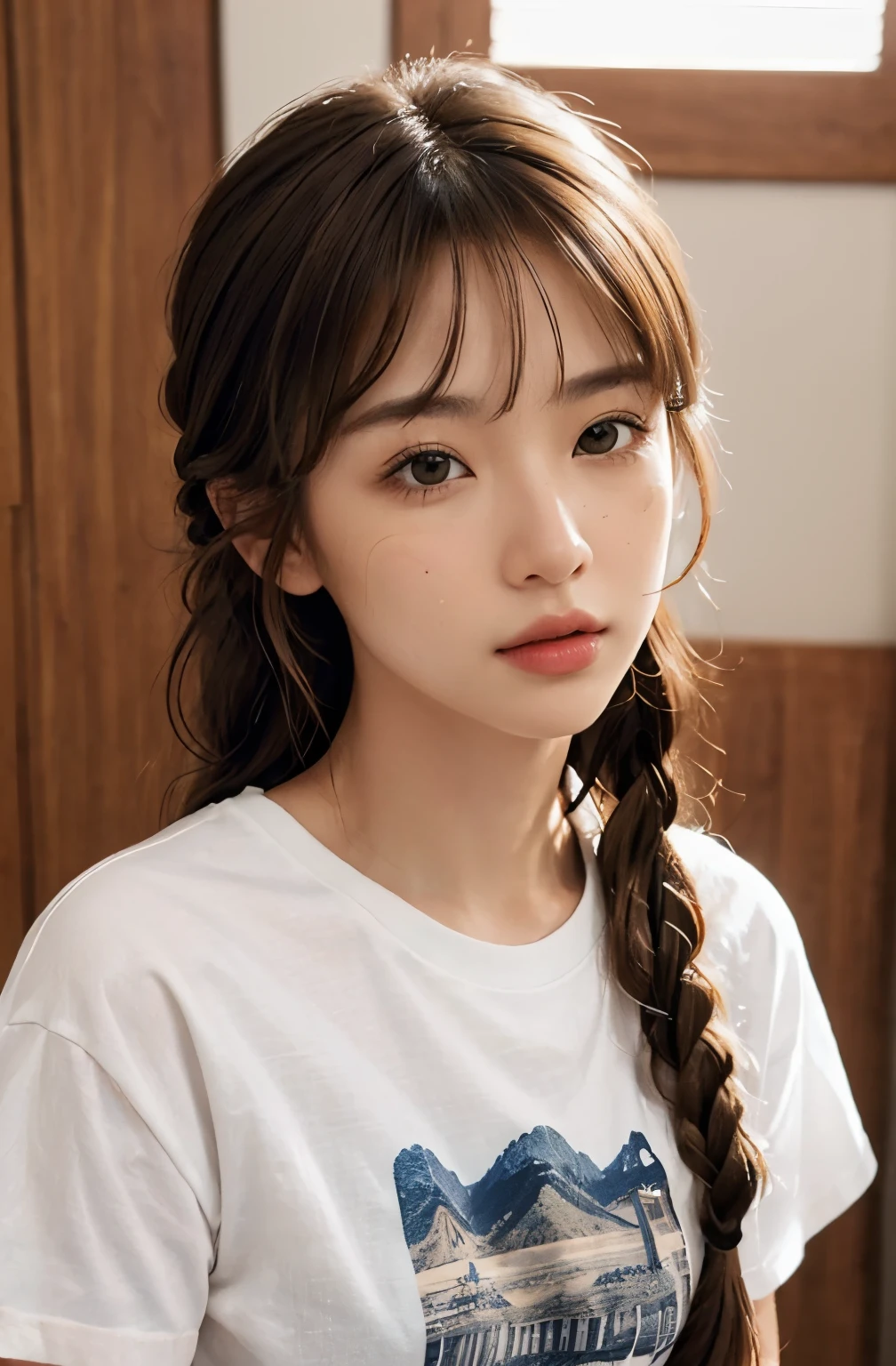 (frombelow:1.4)、((1girl in)),Light Brown Fringe Hair、Braided hair、disheveled hair、Light brown eyes、(dignified expression)、(:1.4)、Emphasize the valley、fittingroom、(Photorealsitic)、(intricate detailes:1.2)、(masterpiece、:1.3)、(top-quality:1.4)、(超A high resolution:1.2)、超A high resolution、(A detailed eye)、(Detailed facial features rest hold:1.4)、(Fashionable T-shirt:1.4),White underwear underneath:1.4
