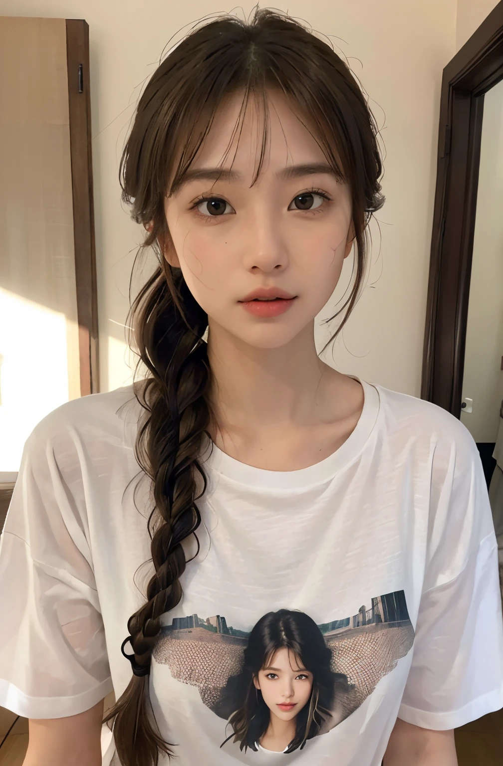 (frombelow:1.4)、((1girl in)),Light Brown Fringe Hair、Braided hair、disheveled hair、Light brown eyes、(dignified expression)、(:1.4)、Emphasize the valley、fittingroom、(Photorealsitic)、(intricate detailes:1.2)、(​masterpiece、:1.3)、(top-quality:1.4)、(超A high resolution:1.2)、超A high resolution、(A detailed eye)、(Detailed facial features rest hold:1.4)、(Fashionable T-shirt:1.4),White underwear underneath:1.4