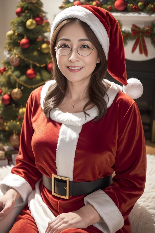 masutepiece, Photorealsitic, Best Quality, intricate and delicate, 8k wallpaper, top-quality, masterpiece, realisitic, ultra-detailliert, 1人の女性, (1), Beautiful woman at 55 years old, (Facing the front), bilaterally symmetrical, (Look at viewers), Dynamic light inidle shot), Christmas、Christmas tree、(((Santa Claus Costume))), (Smile), (Open mouth), ((Looking at Viewer)), metal frame glasses, beautiful hairl