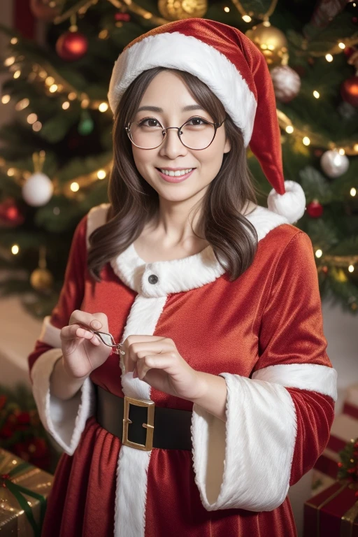 masutepiece, Photorealsitic, Best Quality, intricate and delicate, 8k wallpaper, top-quality, masterpiece, realisitic, ultra-detailliert, 1人の女性, (1), Beautiful woman at 55 years old, (Facing the front), bilaterally symmetrical, (Look at viewers), Dynamic light inidle shot), Christmas、Christmas tree、(((Santa Claus Costume))), (Smile), (Open mouth), ((Looking at Viewer)), metal frame glasses, beautiful hairl