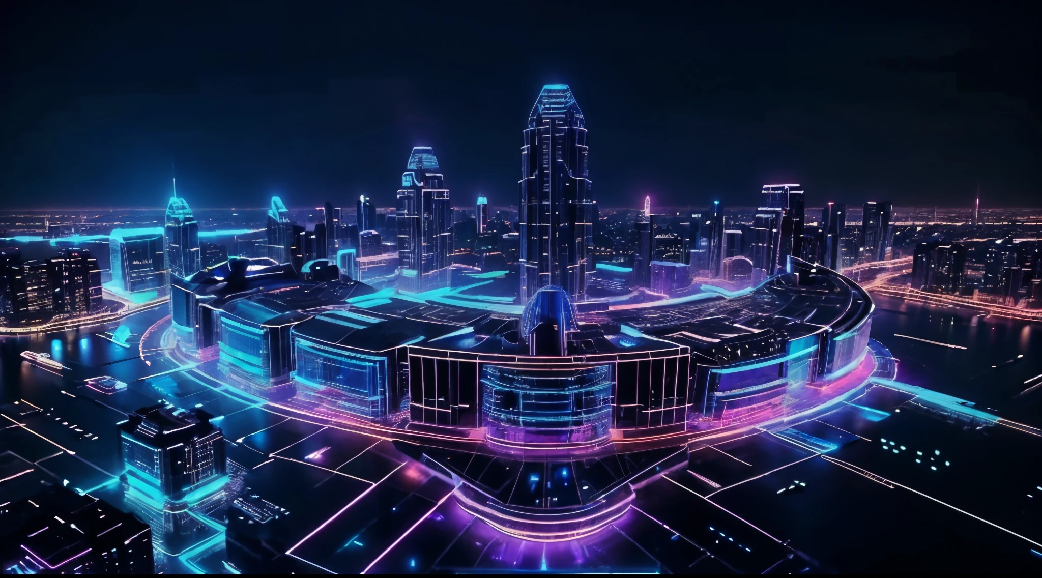 at night, bird's eye view of a futuristic sci-fi cyberpunk city, a rooftop platform, skyscrapers far away as background, holographic effects, hq