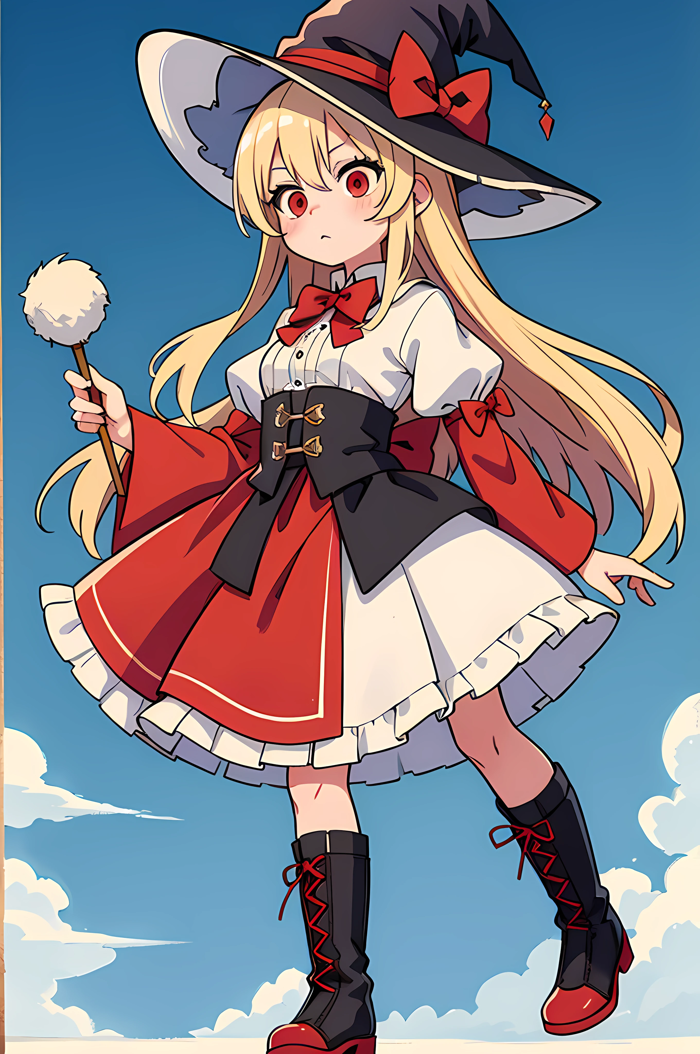 1girl in,Witch,Solo, Full body,Long hair, Blonde hair, Witch Hat,Red Eyes,Puffy sleeves,white_Bow,Dress,Red_Footwear,Bow, Short sleeves,long boots,