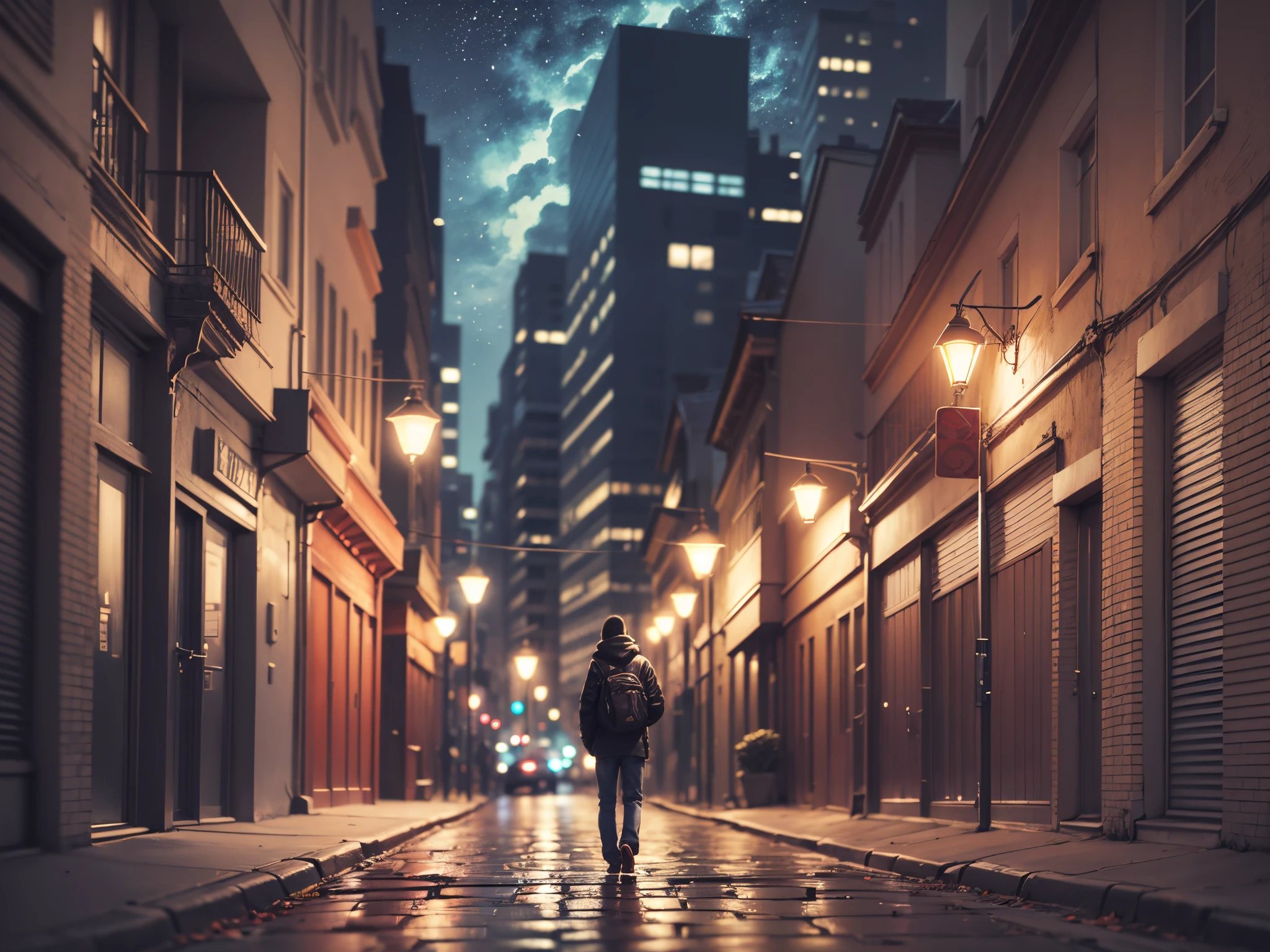 dark street, night city, man from the back run away --auto --s2