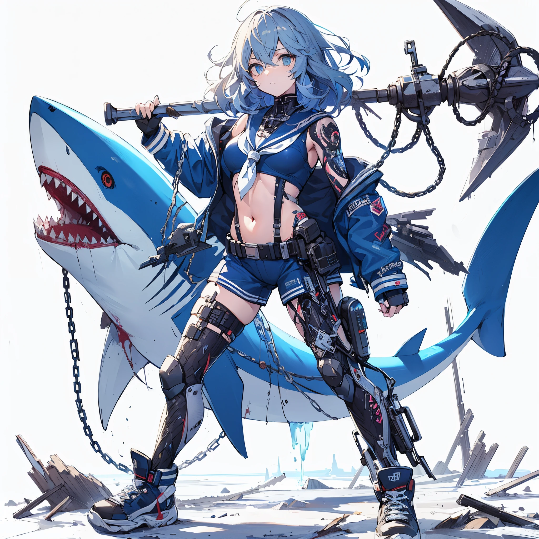 (masterpiece, Best Quality), (Perfect athlete body:1.2), (detailed hairs), Ultra-detailed, Anime style, Full body, Solo, Night Blue Shark Girl, Cyberpunk Sailor Suit, holding a Giant Anchor, Scarred Face, Black Hair, Blonde Eyes, Wearing Sneakers, standing on wasteland, 8k high resolution, white background, whole body,