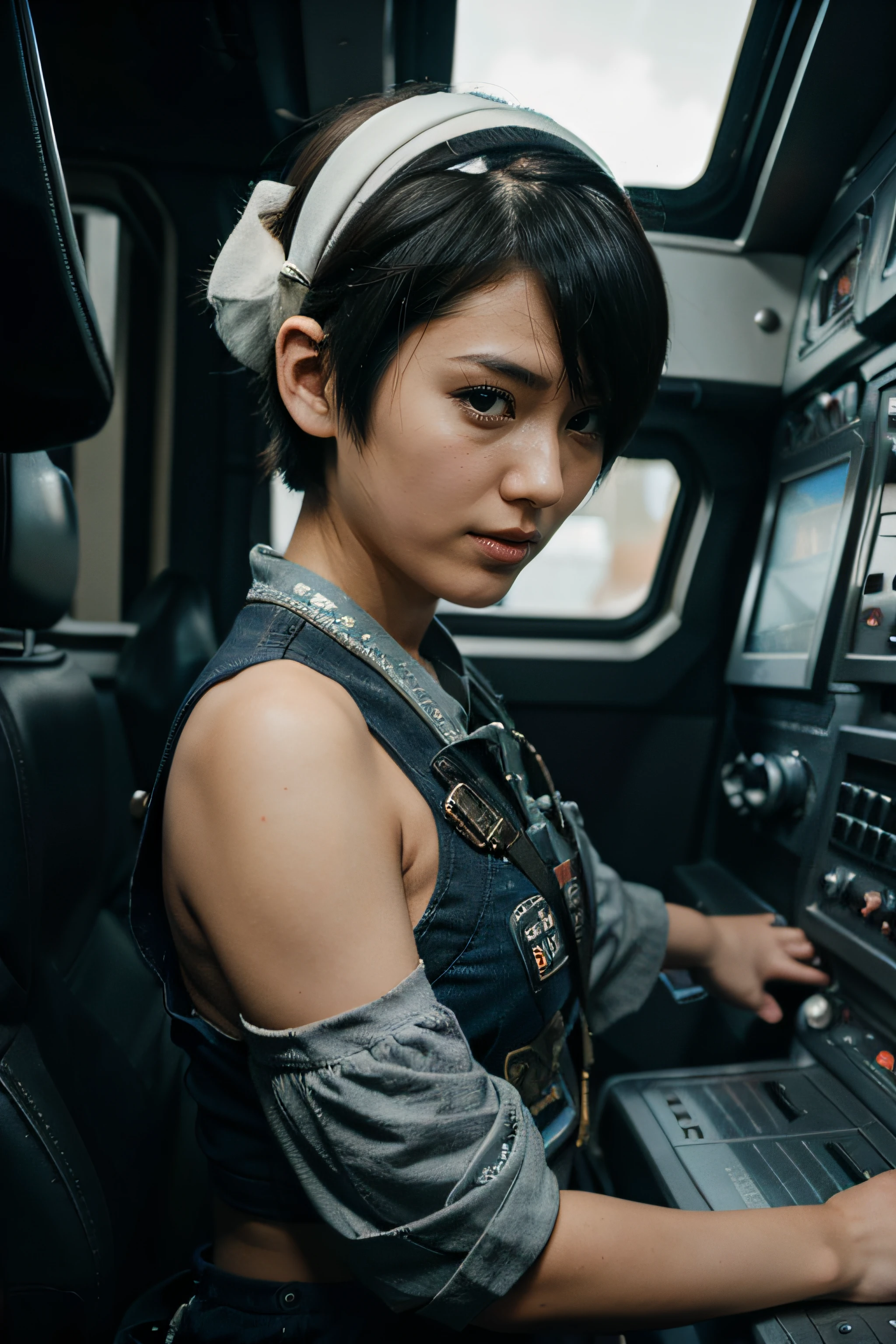space fighters, japanaese girl, planet, head band, short cut hair, intercom