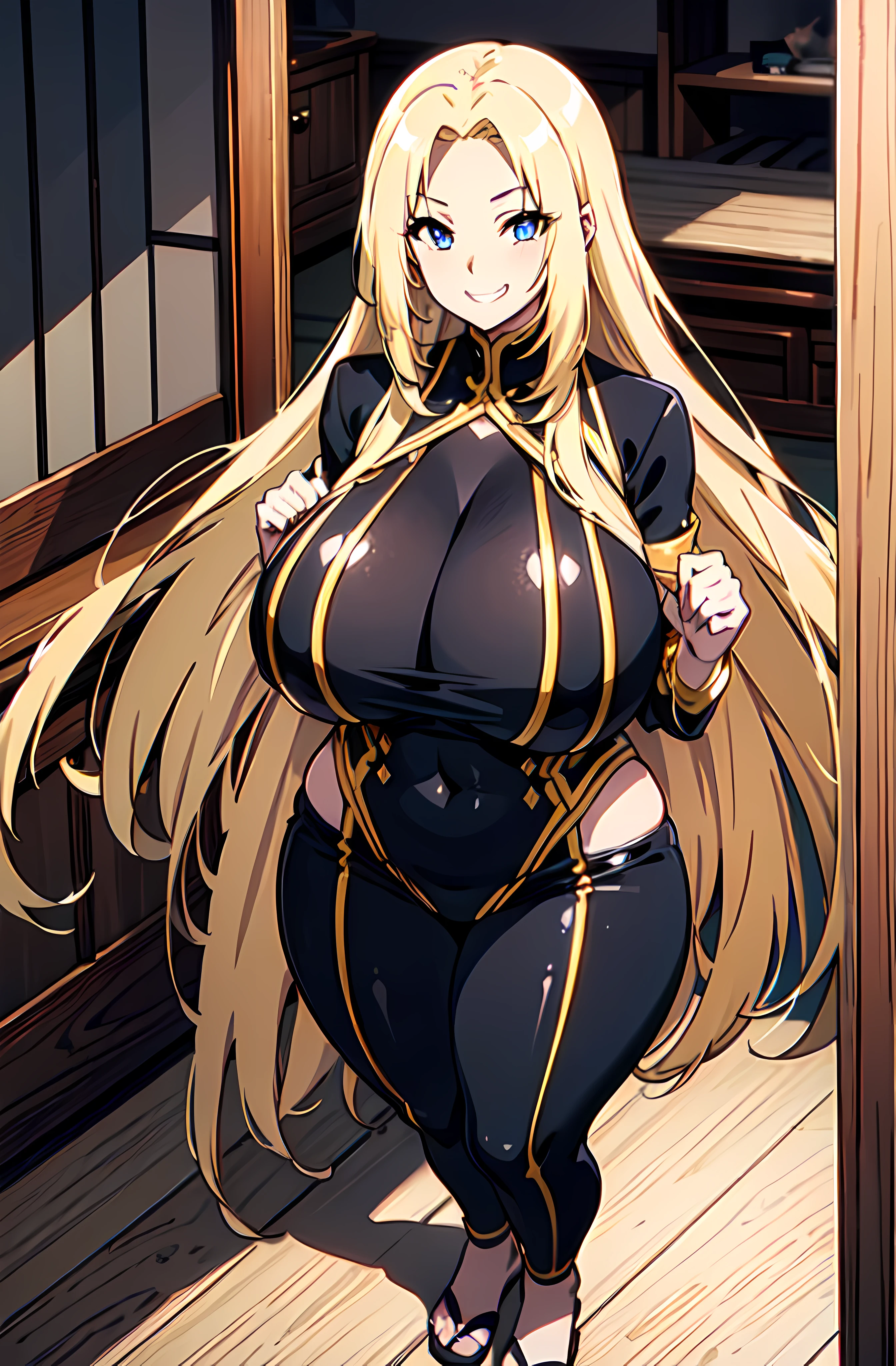 (Long blonde hair:1.2), Japanese, (gigantic chest:1.4), big thighs, sadistic grin, full body, big eyes