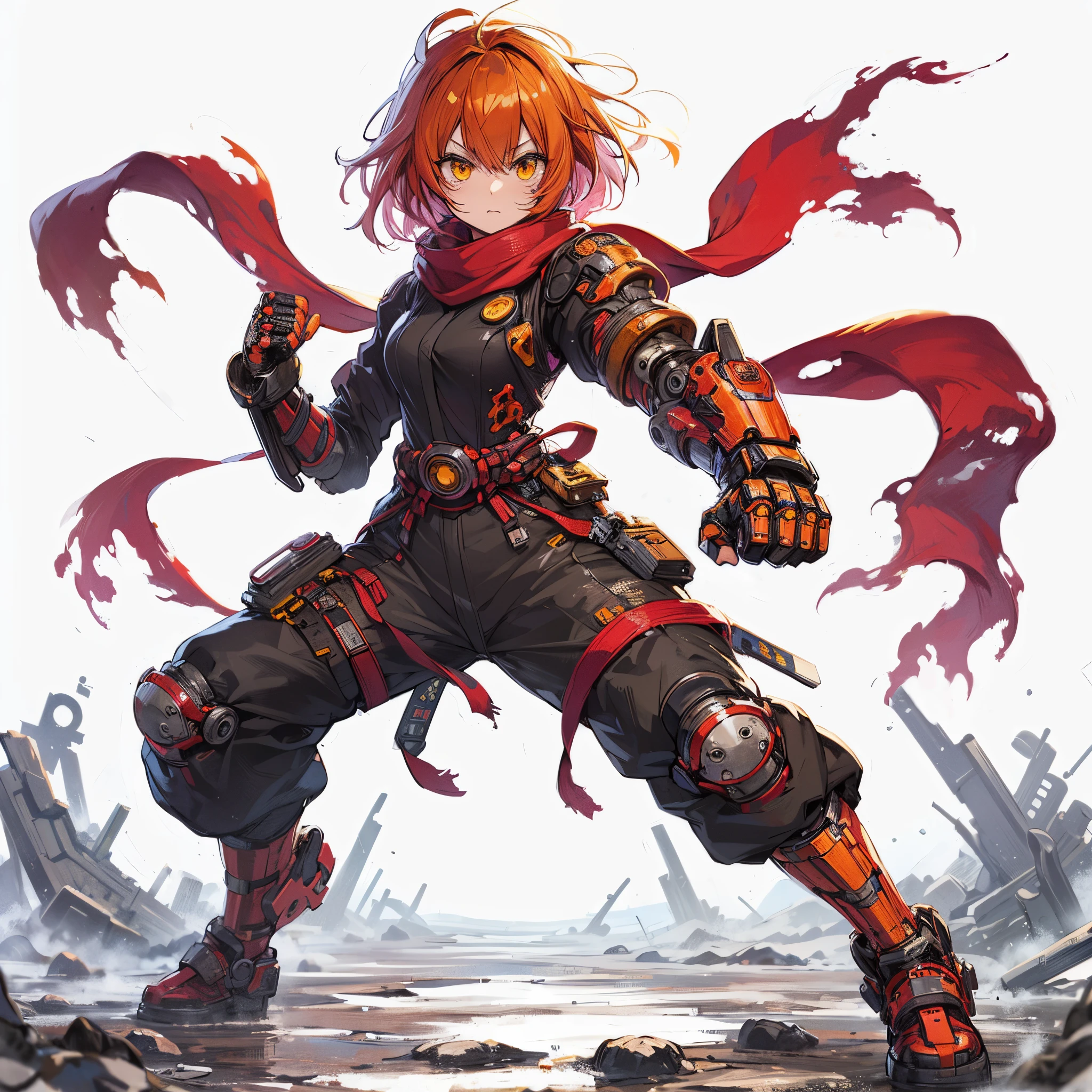 (masutepiece, Best Quality), ultra-detailliert, Anime style, Full body, Solo, Cyberpunk Karate Girl, Hero costume and torn red scarf, orange hair and yellow eyes, Fighting Pose, high-tech gauntlets and boots, Standing in the wasteland, Digital Painting, 8K High Resolution, Art Station Trend, White background, Whole body,