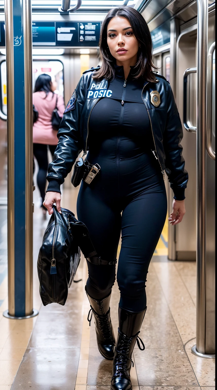 (((((A hyper-realistic:1.3)), (Best Quality:1.3), Ultras_Detailed, (Hyper Detailed), (High quality), (Good anatomy:1.2), masutepiece, Intricate details, ((wide_shot:1.2)), (makeup:0.5), Sexy, (well-muscled), 1girl in, Solo, withdrawn face, hight resolution, woman's hand,))), BREAK has black hair, Large breasts, elegant body, BREAK,((middle-aged woman walking:1.3)),(((She is a police officer:1.3))) (((wearing a police jacket:1.2))), (((wearing a navy blue bodysuit:1.2))),(((wearing a tactical holster:1.2))),(((wearing combat boots:1.2))),((Inside the subway:1.5)),