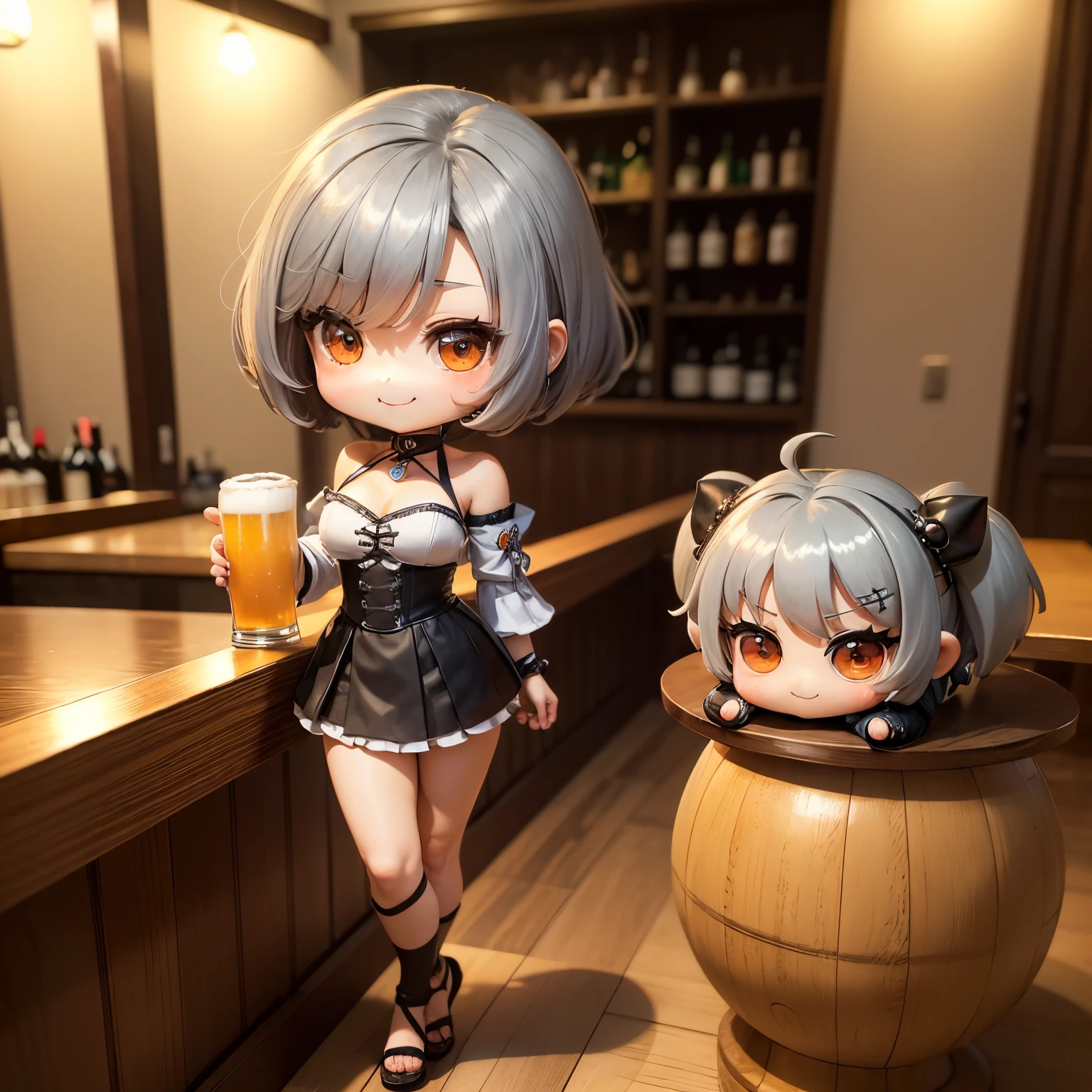 masterpiece、top-quality、ultra-detailliert、(Chibi Chara's Daughter:1.27)、Gray Hair Bob、wraith、holding a mug of frothy beer、Holding a wine glass、Enjoy tropical cocktails、A smile、Full-body standing figure、a bar counter