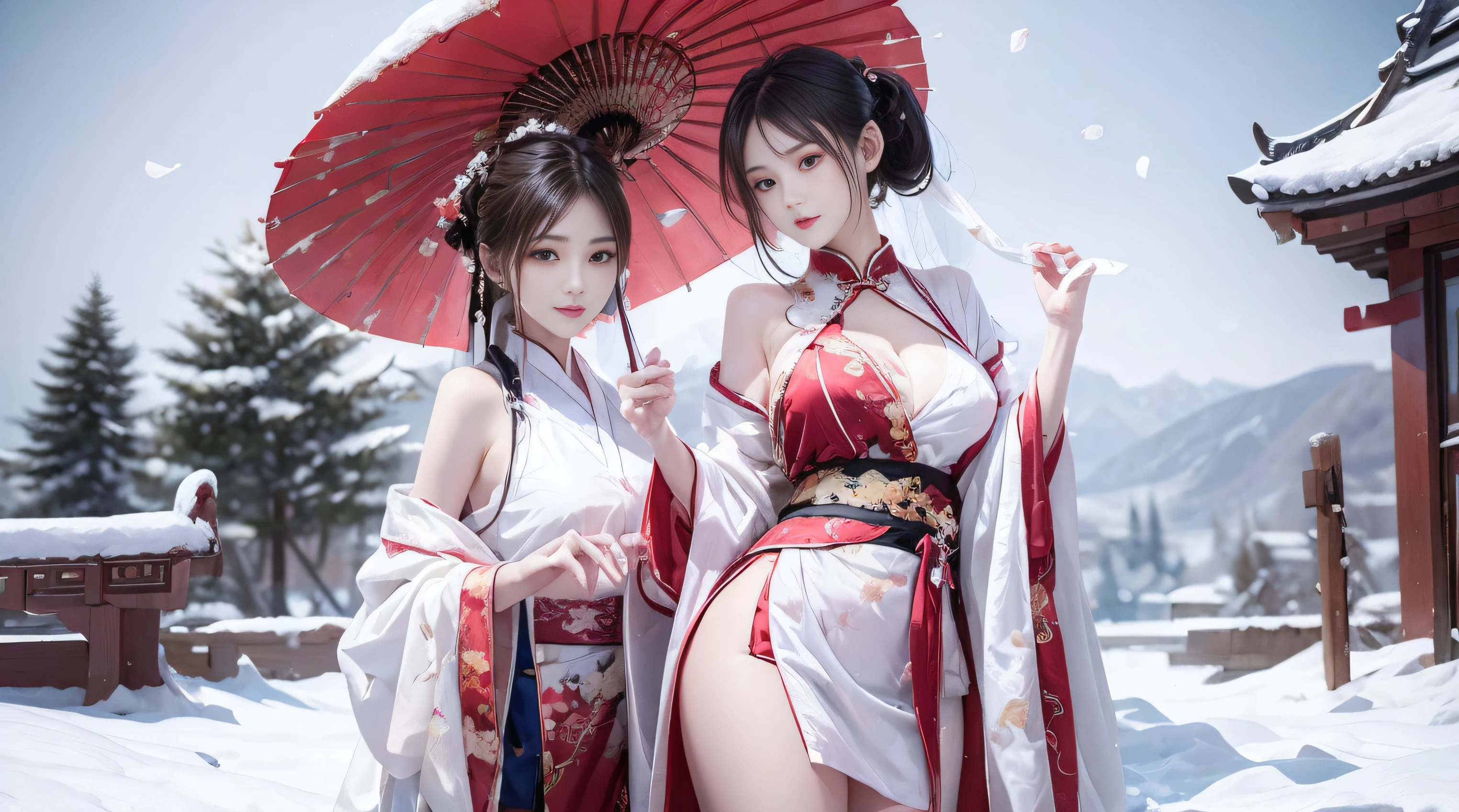 (quality、tmasterpiece:1.2)， sweet girl，pigtails，silvery white hair、Smooth skin、Beautiful mouth、(beautiful postures)，(Chinese style translucent pocket fabric)，Translucent red gorgeous Chinese cheongsam，themoon，Lying in the snow，hot onsen，Sit Pose，Visible on the back，Visible，((Super big and soft:1.3)),Accent strapless,Clear silk scarf，Translucent white plush shawl，red and white， umbrella，folding fan，petals，natta，extreme light，Pink