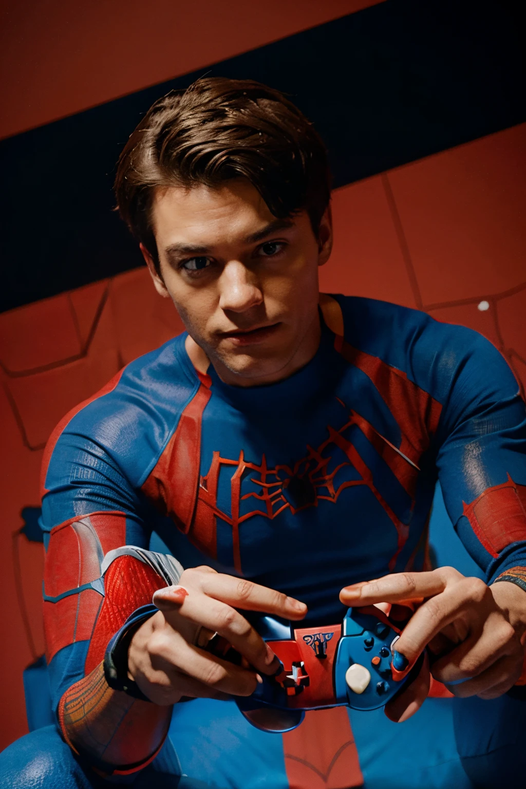 Spider man playing with a controller, high quality, illustrated, blue & red comic background