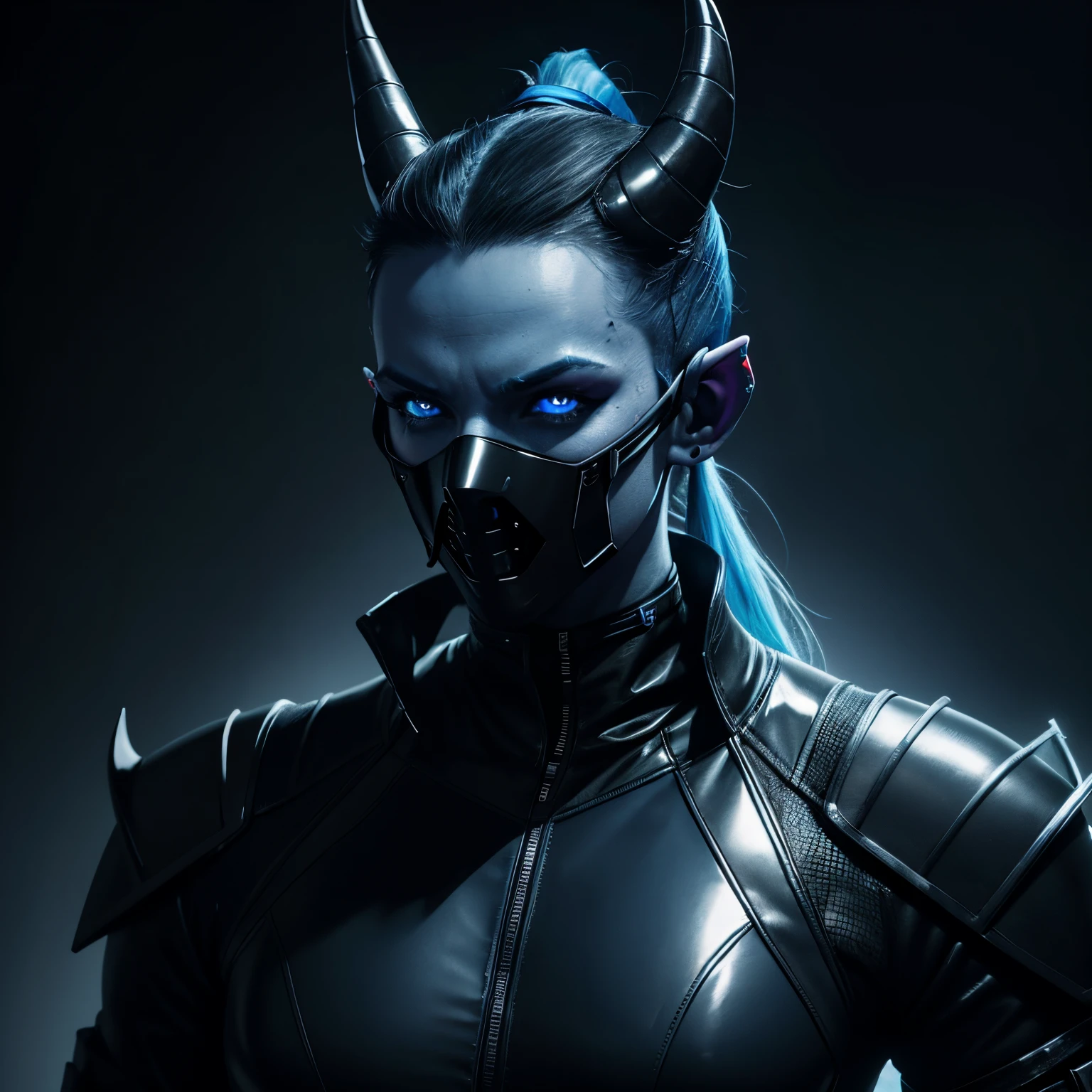 Blue-skinned tiefling with black latex bodysuit, full-face mask with black protruding horns, sleek cyberpunk style, high-res, cool tones, atmospheric lighting, ponytail, detailed horns, professional, , cyberpunk, cool tones, highres, ultra-detailed, sleek design, atmospheric lighting
