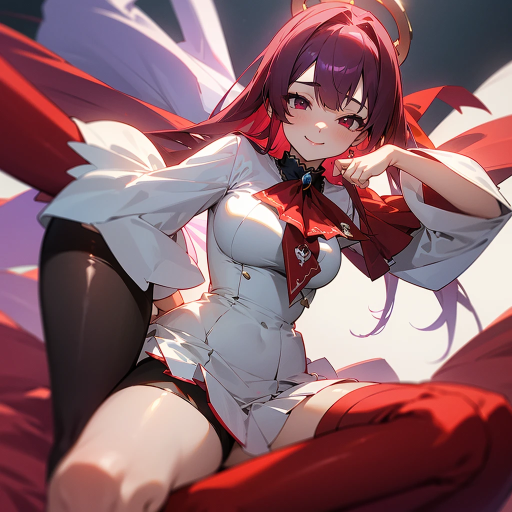 Houshou Marine、、Virtual Youtuber、ho****ve、femele、28 year old、1 persons、white blouse dress、Red mini skirt、beauty leg rack stockings、large full breasts、seducting smile、red-purple long hair、Black eye patch on left eye、Red Eyes、Perfect fingertip