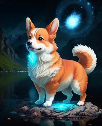 Masterpiece, 4k, fantasy. A Welsh corgi with eyes that glow. the air around it seems ethereal. it stands before a lake, cautious mood, blue, red
