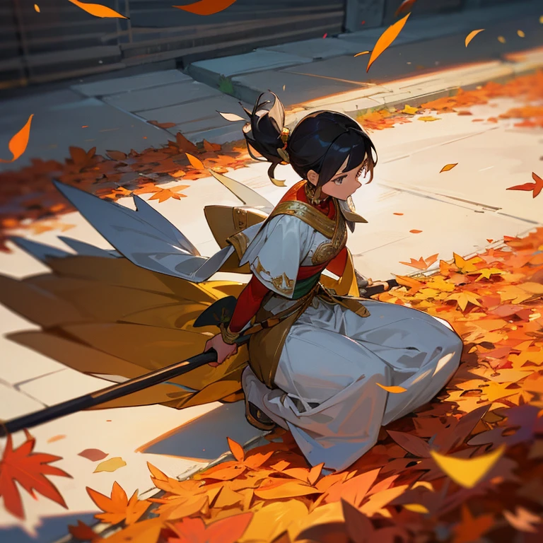 A teenager，Wearing ancient costumes，Sweeping leaves on the ground