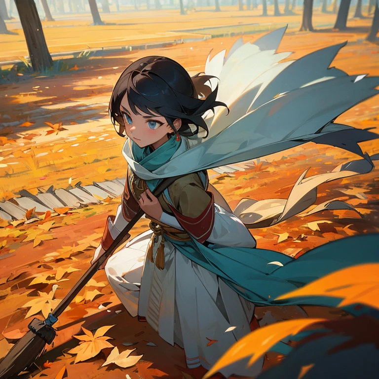 A ager,Wearing ancient costumes,Sweeping leaves on the ground