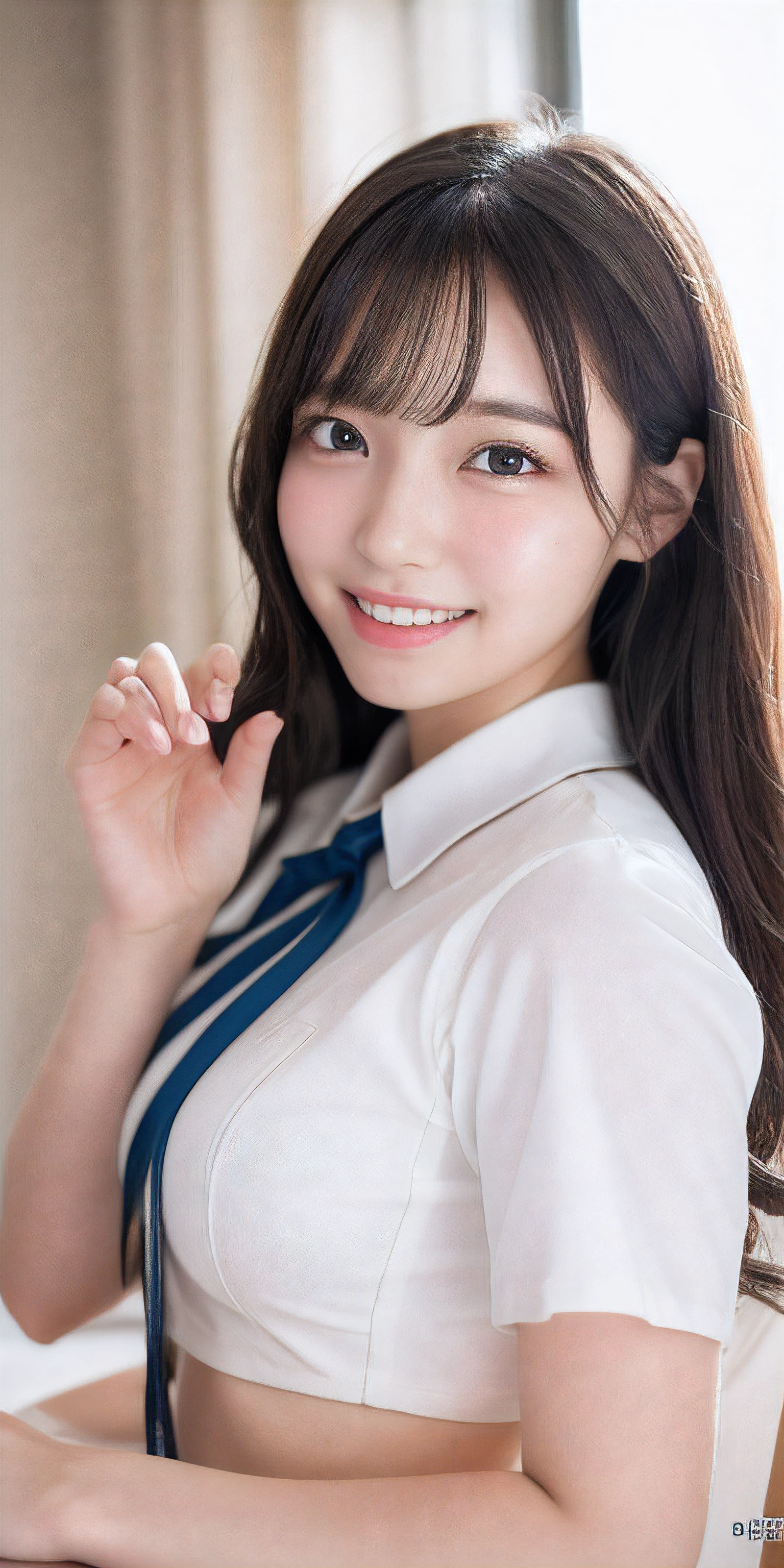 ulzzang -6500-v1.1, (Raw photo:1.2), (Photorealistic:1.4), Beautiful detailed girl, Very detailed eyes and face, Beautiful detailed eyes, Huge file size, (Big), High resolution, Very detailed, Best Quality, [masutepiece:1.6], [JK Uniform], Illustration, Very detailed, nffsw, Fine detail, Best Quality, Highly detailed ticker uniform 8K wallpaper, Movie Lighting, 1 girl, , Cute Japan high school girl, Perfect figure, [Unbuttoned white school blouse], large taut chest, [Huge breasts, heavy breasts: 1.6], Cute droopy eyes, Beautiful big eyes, White School Blouse, See-through bra, Sweaty and wet, [Sexual arousal: 1.1], [Sexual arousal: 1.1] Lying in bed: 1.5], Hands raised, Uniform ribbon around the neck, Smile, (the whole body is wet), Shining eyes,Clear skin