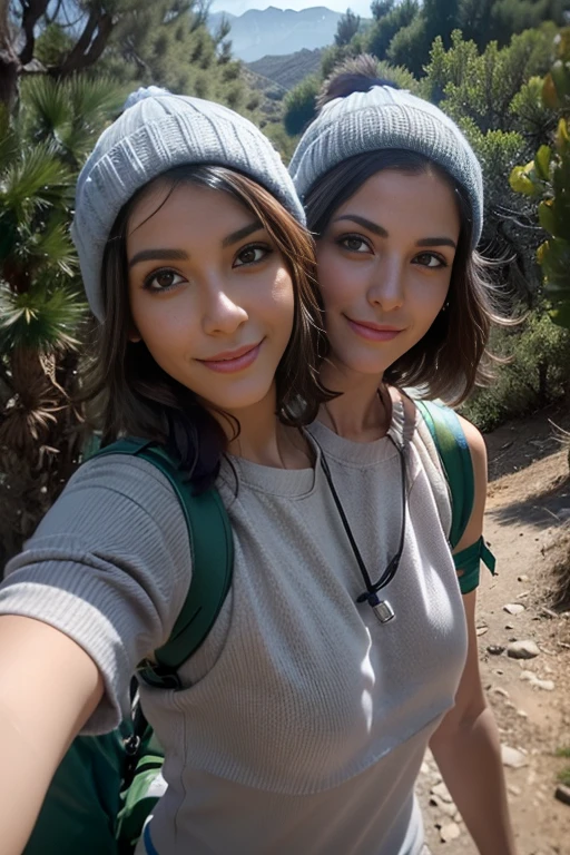 best resolution, 2 heads, Israeli girl with two heads, hiking trail background, brown hair, black eyeliner, gray eyes, 22 years old, youthful, fair skin, wearing hiking gear and a beanie, messy hair, selfie shot