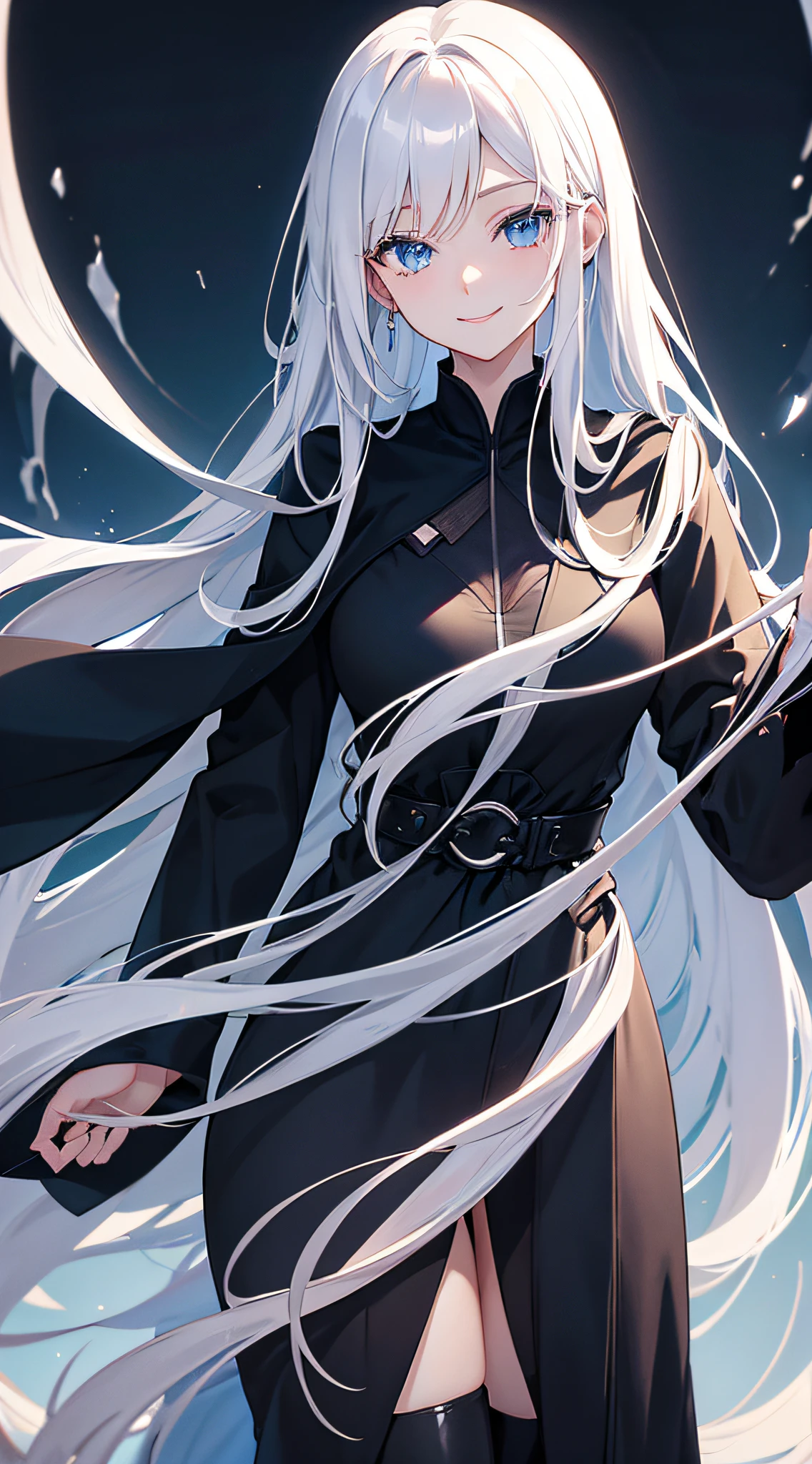 Cover magazine, anime. A young woman with long white hair and blue eyes. Wearing all black clothes. Wearing a long black robe. A mysterious impression. She was smiling brightly.