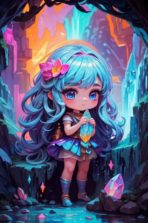 A cute little chibi girl in a cave with crystal caves. The girl is standing in the colorful cave, surrounded by shimmering crystals. She is illustrated in an oil painting style, with vibrant colors that bring the scene to life. The painting is of the best quality, with a resolution of 4k, 8k, or higher, making it a masterpiece. The level of detail is exquisite, with every intricate feature of the girl and the cave rendered with precision. The cave is filled with various colored crystals, casting a mesmerizing glow. The girl's eyes are large and expressive, with long eyelashes that add to her charm. The cave is deep and mysterious, with hidden corners waiting to be explored. There might be a miner in the distance, exploring the caves and searching for precious gems. The scene is captured in an illustration or an oil painting, with a touch of fantasy and whimsy. The colors are vibrant and vivid, creating a sense of magic and wonder. The lighting in the cave is dramatic, casting long shadows and highlighting the sparkling crystals. The overall composition is visually stunning, capturing the beauty and enchantment of the girl in the cave.