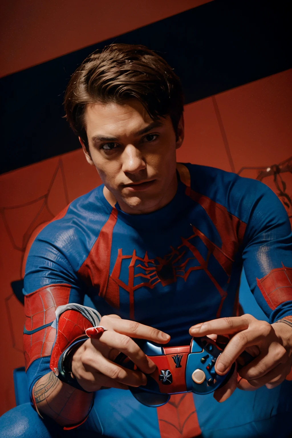 Spider man with mask playing with a controller, high quality, illustrated, blue & red comic background