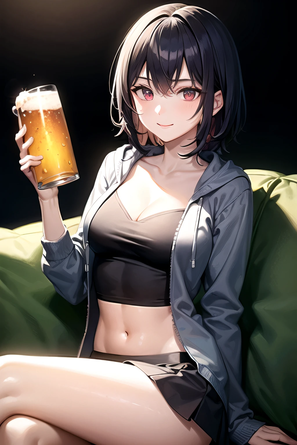 ((masutepiece)),((High quality)),((High resolution)),((Highly accurate and detailed representation of the human body)), "A slender girl in her mid-twenties with medium-length blue hair and red eyes.、She wears a bright red zip-up hoodie open over a short white camisole on her upper body.. she has a bright smile, and you can see her exposed navel. she is wearing a gray miniskirt, Holding a beer glass in one hand, And I'm sitting cross-legged on the sofa.