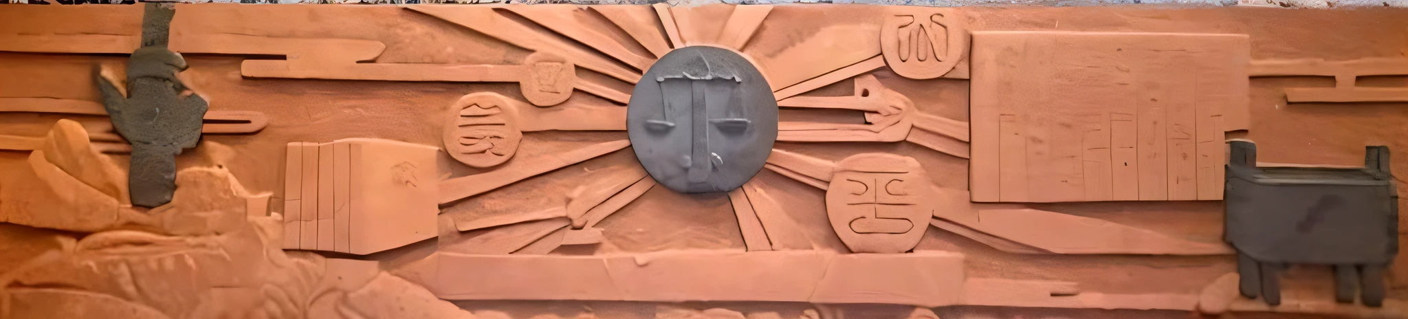 Bronze walls,There's a clock and fair scales on it, relief stone, the ancient symbols behind it, Flat relief stone, anaglyph, Chinese tripod relief, Great Wall Relief, Basrelief stone carving, etched relief, sundial, libra symbol, inscribed with occult symbols, anaglyph, symbolic mural, illegible rose cross symbol