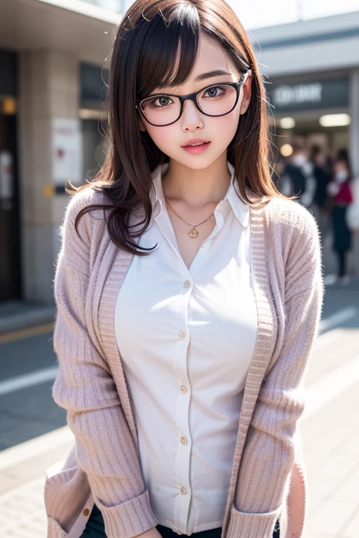 1girl,cute girl wearingwearing glasses,NSFW, masutepiece, Best Quality, 8K,The cutest face,detailed face,ultra-realistic, perfect limbs, perfect anatomy,clothed,((Wearing a cardigan))、pastel clothing、In front of the station at noon
