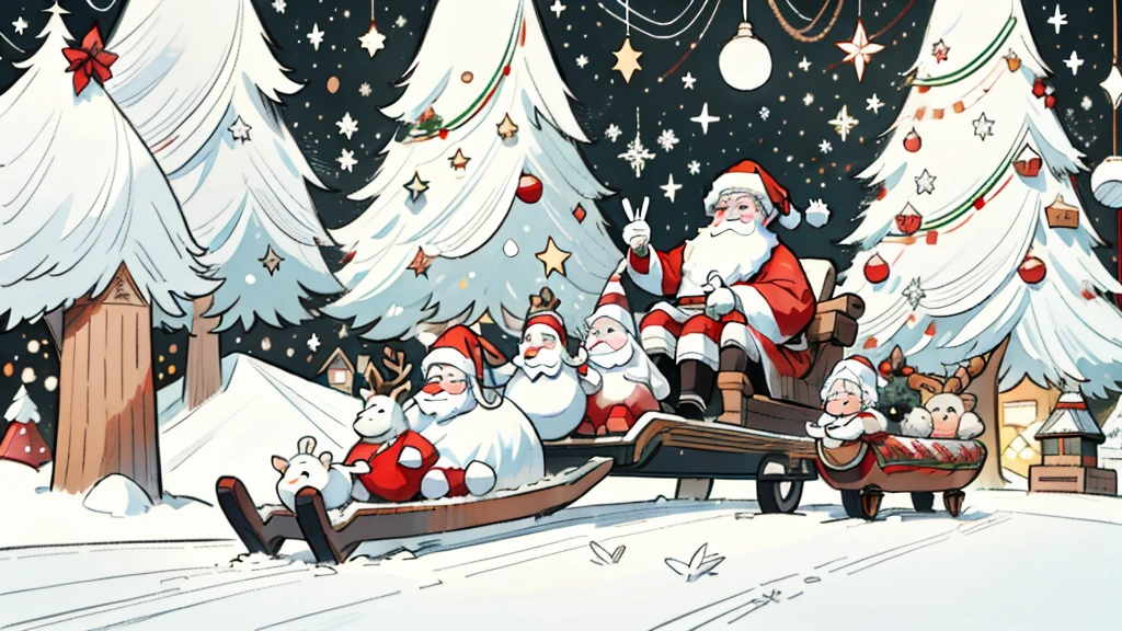 masterpiece、(santa claus solo:1.2)、Fly through the night sky on a wooden sled、reindeer is in front of a wooden sleigh、A smile、Chibi Chara、monochromes、line-drawing、snowscape、A delightful、Christmas atmosphere、idyllic、Fairy tale、Cute