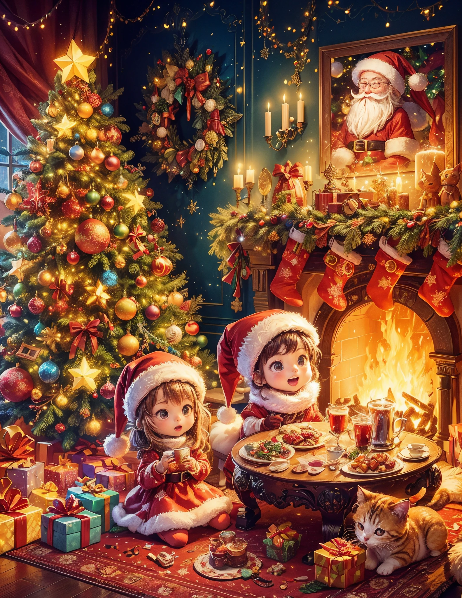 (((Vector illustration style)))，vibrant with colors, Magical atmosphere, Whimsical, Sparkling, Fantasy Christmas World,vivd colour, Magical atmosphere, Whimsical, Sparkling，Fantasy Christmas World，In the room，A little boy and a little girl wearing Santa Claus costumes enjoying Christmas dinner。The room  decorated with a tall Christmas tree，The tree  filled with shining lights and colorful decorations。Next to it  a pile of gift boxequisite packaging reveals expectations and surpriseireplace burning with warm flames，Various Christmas decorations are placed around。Christmas delicacies on the table，like gingerbread cookies，Cane sugar，Candy, etc。Kitten at feet lies on Christmas rug，Wear a red scarf，Seems to be enjoying this moment too。The whole room  filled with a strong Christmas atmosphere，Full of fun and atmosphere，It's intoxicating。 (Perspectives, first person perspective, Boom style color, glowing light, 电影灯光, hyper HD, tmasterpiece, Acura, Anatomically correct, ctextured skin, super detailing, high detal, high high quality, Award-Awarded, Best quality at best, 4K)
