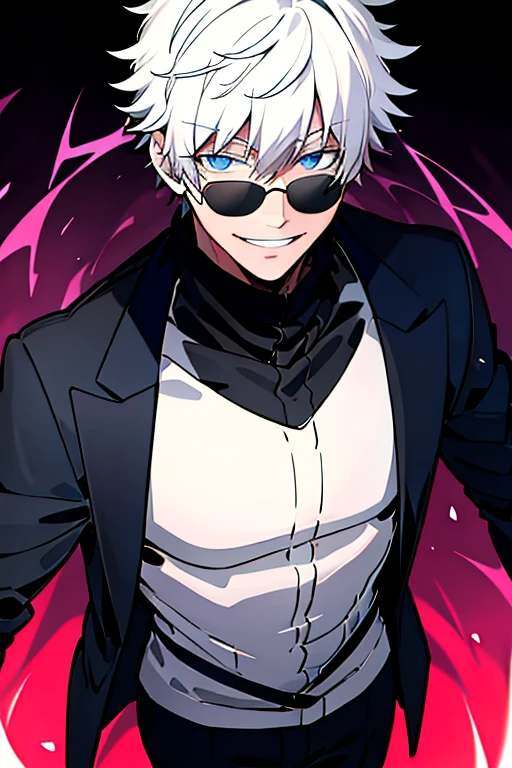 (Masterpiece:1.3),(Best Quality:1.2),8K,absurdress,Unity 8K WallPapper,(Extremely detailed:1.3),Supreme,hight resolution,Amazing,illustartion,Beautiful studio soft light,Stunningly beautiful,incredibly absurdres,Vivid details,Cinematic lighting,moody lighting,pixiv,Award-winning, Professional, Highly detailed, Gojo1, 独奏, looking a viewer, Smile, Short hair, long sleeves, 1boy, closed mouth, Standing, jacket, upper-body, white colored hair, male focus, Hand Up, grin, black jacket, Sunglasses, spiked hair, facing viewer, (red background:1.1), high collar, blindfold, (Magic:1.3), (aura:1.3), covered eyes,